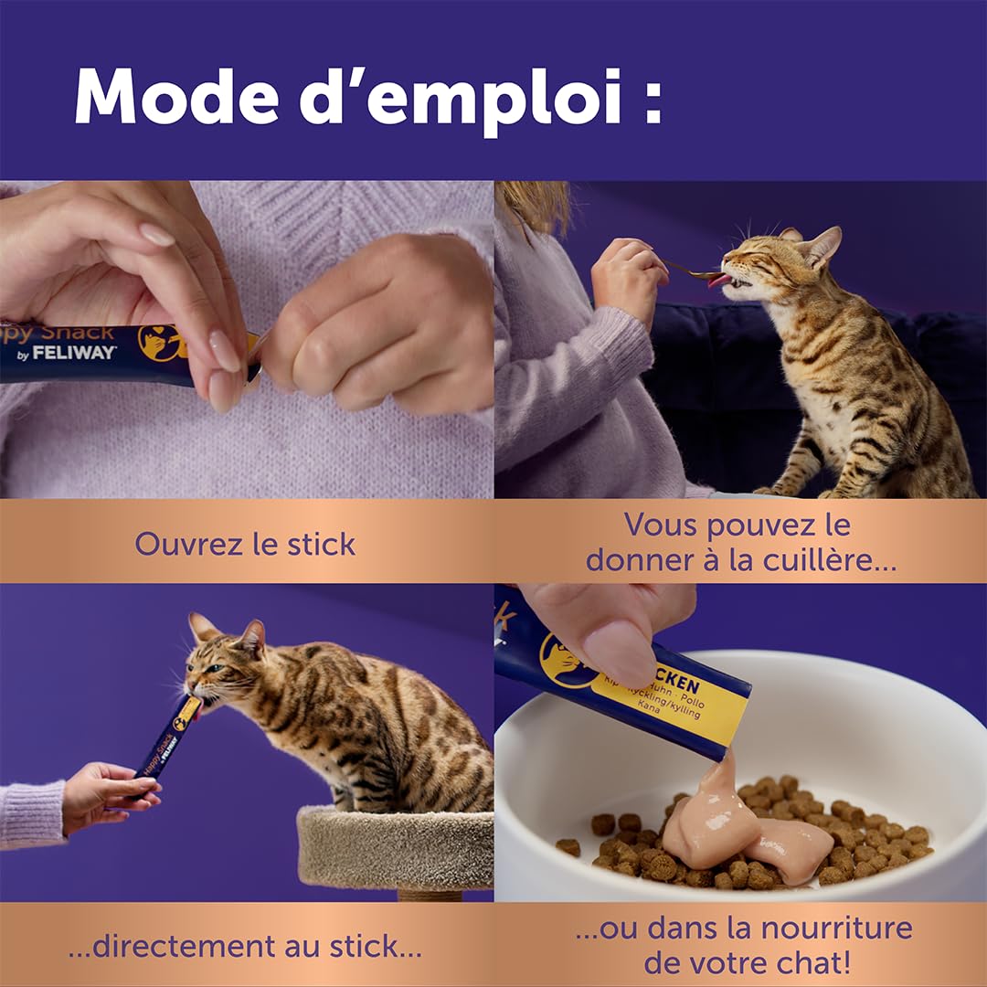 Happy Snack by FELIWAY - Pack de 5 boits - Friandise Onctueuse Relaxante pour Chat - Appréciée par 86% des Chats - sans Somnolence - Au Poulet - 30 Sticks de 15g