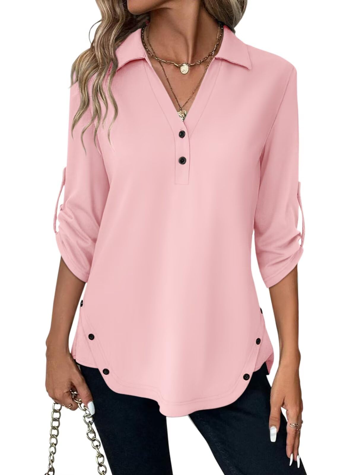 TICTICMISS Women's 3/4 Length Rolled Sleeve Tunic Tops Collared V Neck T Shirts Both Side Buttons Blouses