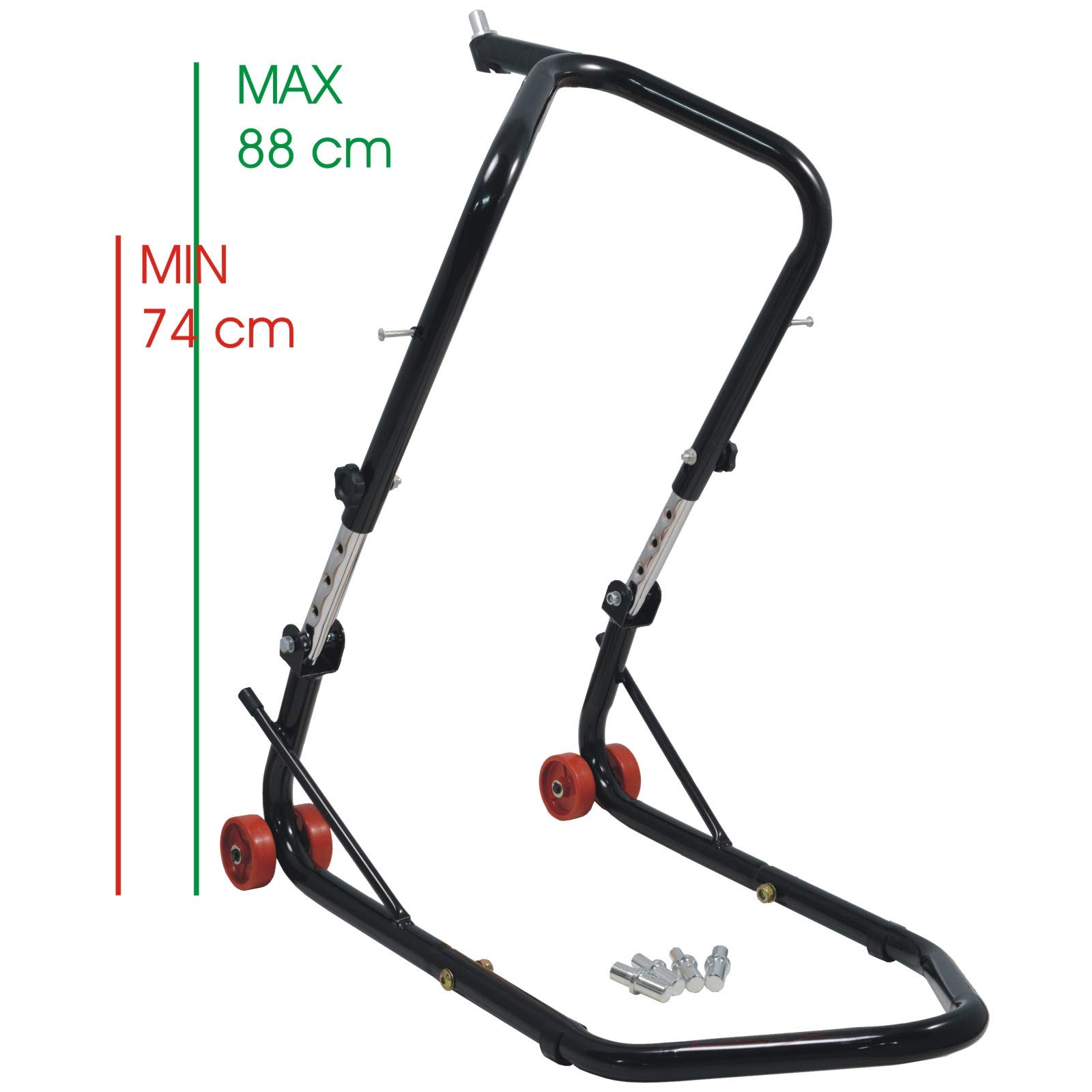 Cavalletto Alza Moto Anteriore Canotto Nero 4 ruote 5 perni regolabile