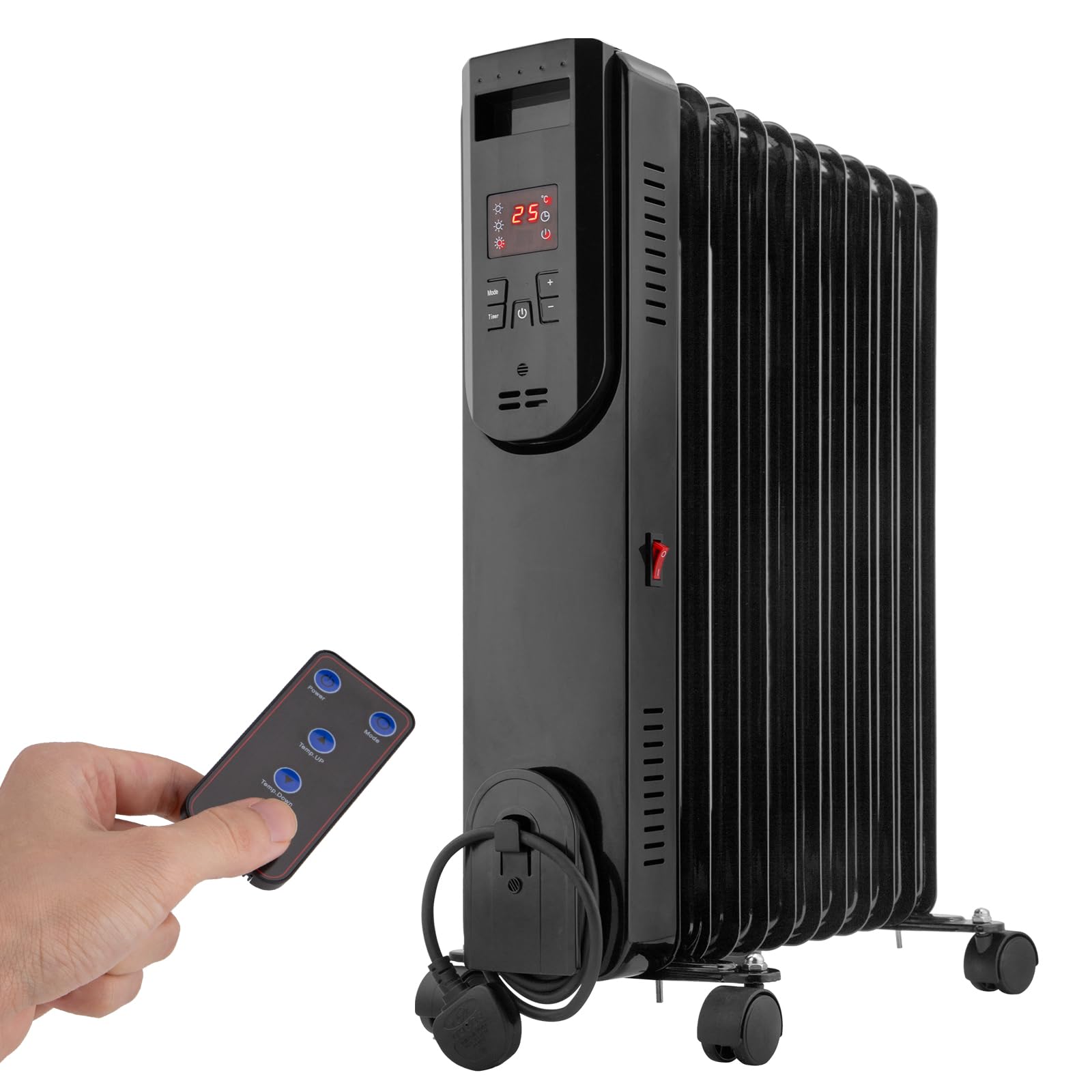 NONMON2500W Oil Filled Radiator 11 Fin Portable Electric Heater LED Display with Remote Control & Adjustable Thermostat & Timer, Energy Efficient for Home - 3 Heat Settings, Safety Tip Over Cut