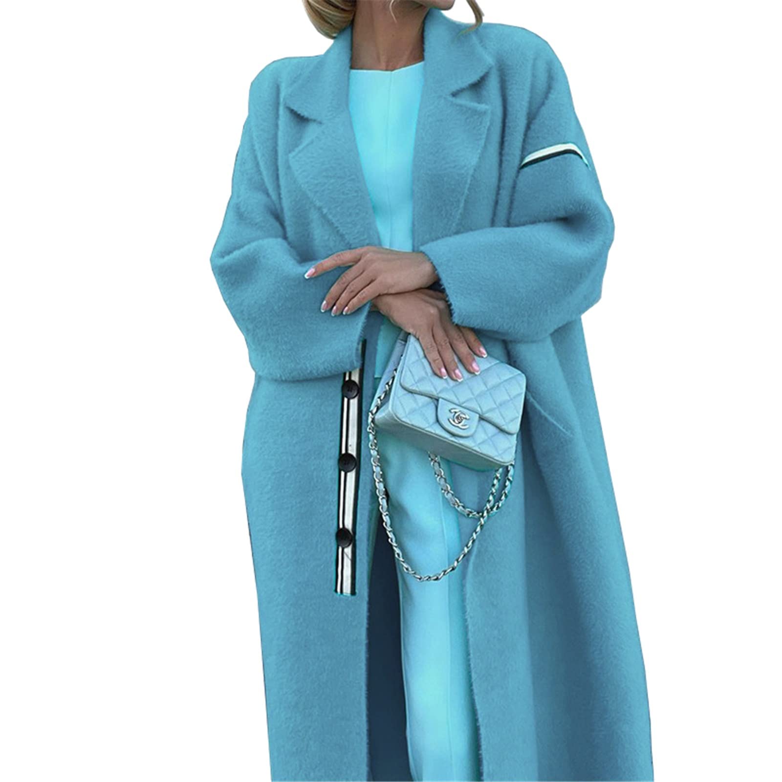 Amazon Co Jp ロングコートレディース 女性のコートトレンチコート長袖ラペルシングルブレストロングオーバーコートファッションの外観 色 青 Size X Large ファッション