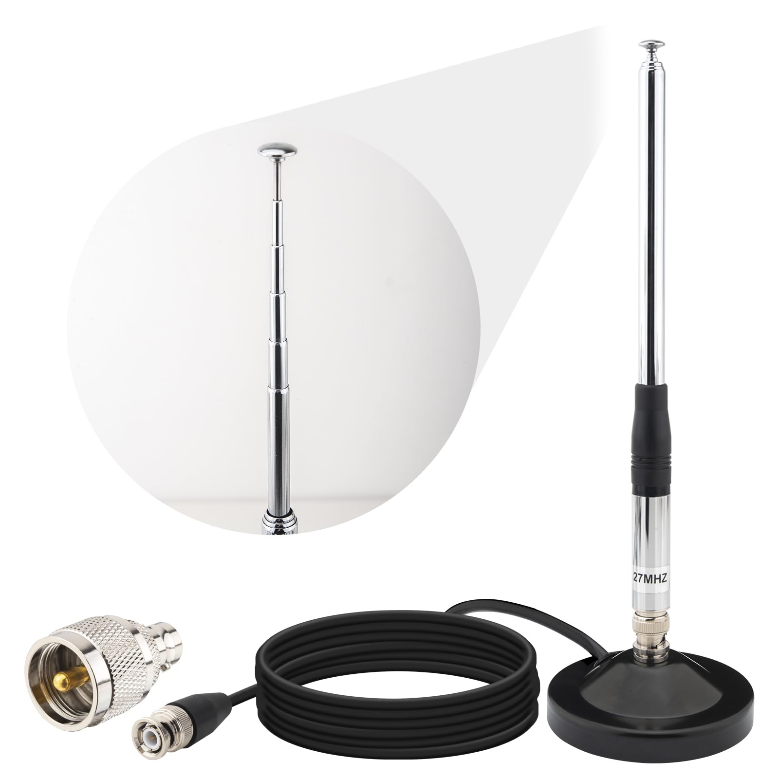 YOTENKO 27MHz CB Antenna Magnetic 9-Inch to 51-inch, BNC Male Telescopic Antennas for CB Handheld/Portable Radio, Compatible with Cobra Midland Uniden