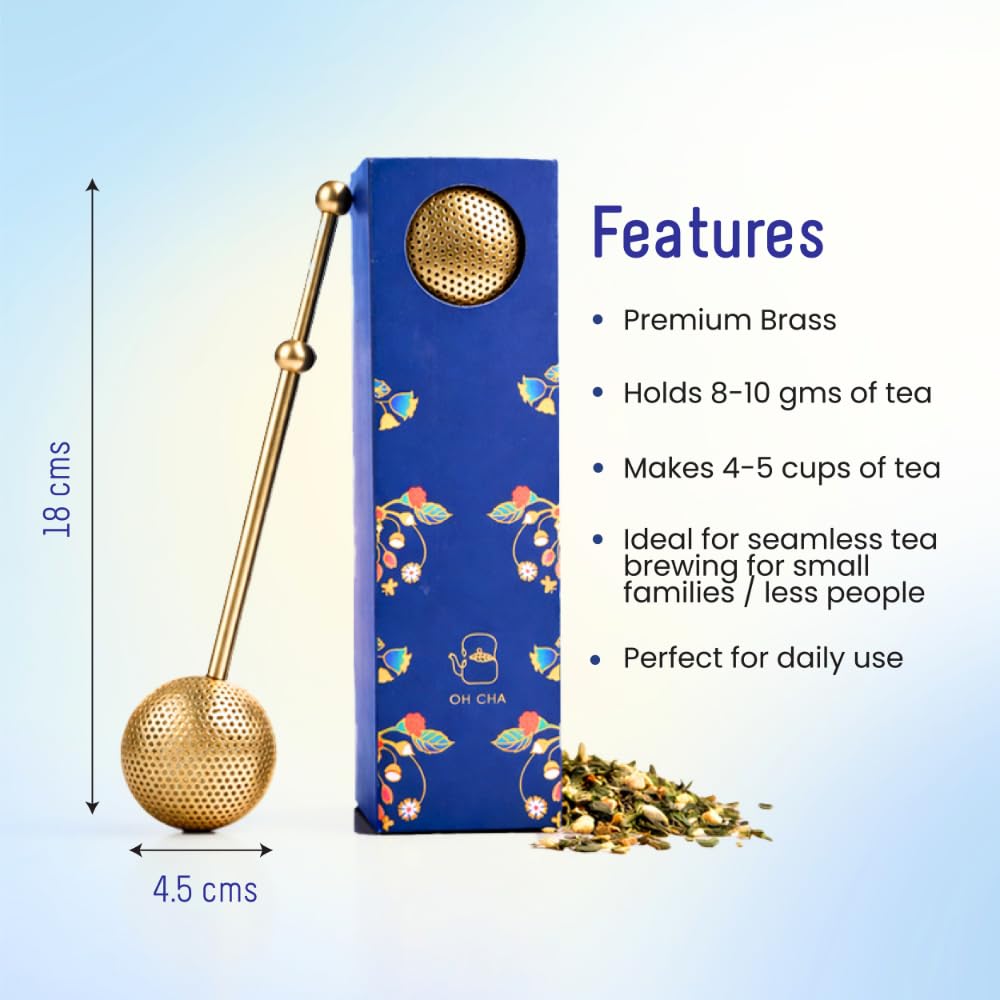 OH CHA - Brass Tea Infuser, Ball Shaped | BPA Free, Durable | Used as Green Tea Infuser, Black Tea, Filter | Tea Strainer for Everyday use | 18cms 1