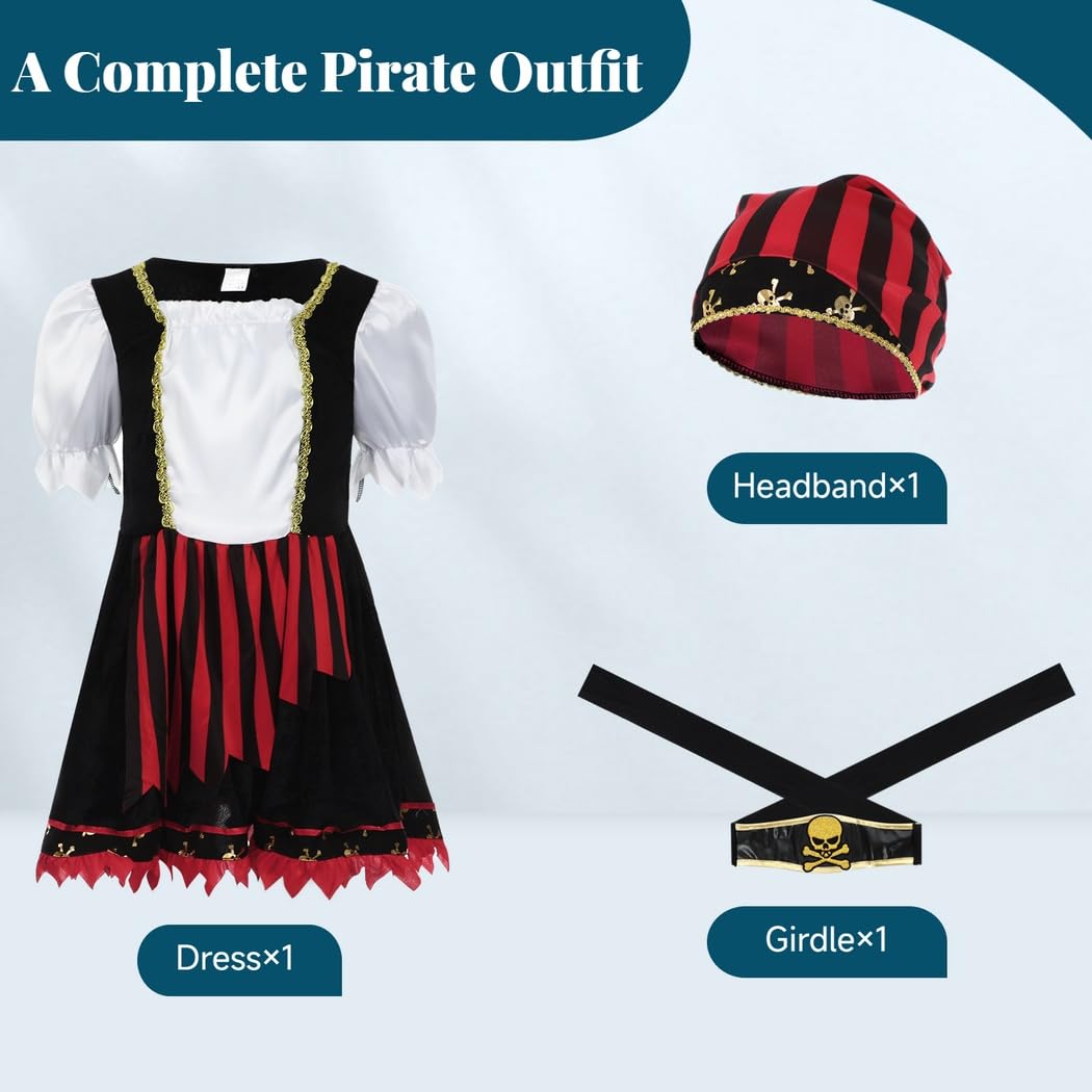 Mädchen Piratenkostüm, Piratenkleid für Kinder, Cosplay Piratenoutfit mit Kleid, Gürtelschärpe und Stirnband, Rollenspiel Verkleidung für Mädchen, schwarz rot mit Totenkopf-Muster