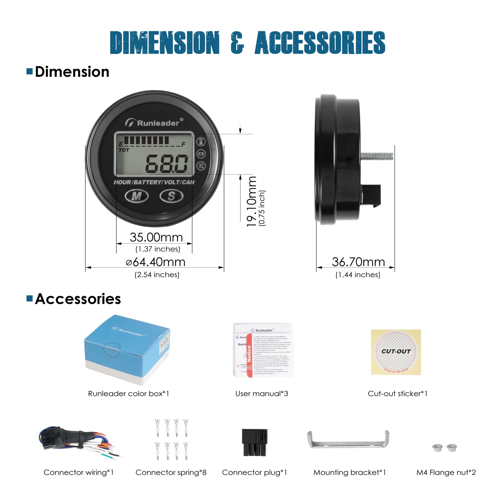 Runleader Indicateur de niveau de batterie LCD 12 V à 48 V, jauge d'heures et de tension, communication de données CAN – Convient pour le type de batterie plomb-acide LiFePO4 Gel Trojan AGM.