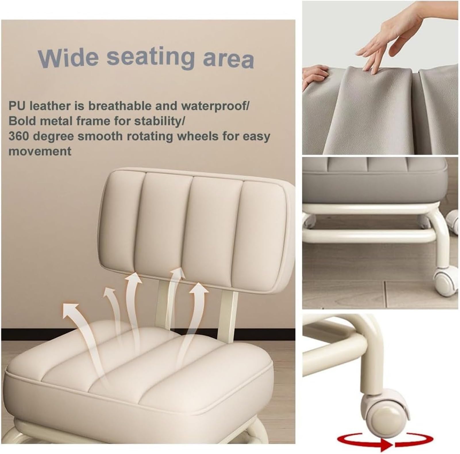 AVSMGP Silla con Ruedas Y Respaldo, Taburete Bajo con Ruedas De PU- Taburete De Pedicura Giratorio 360° para El Hogar para El Jardín, Masajes, Oficina, Garaje,Rosado