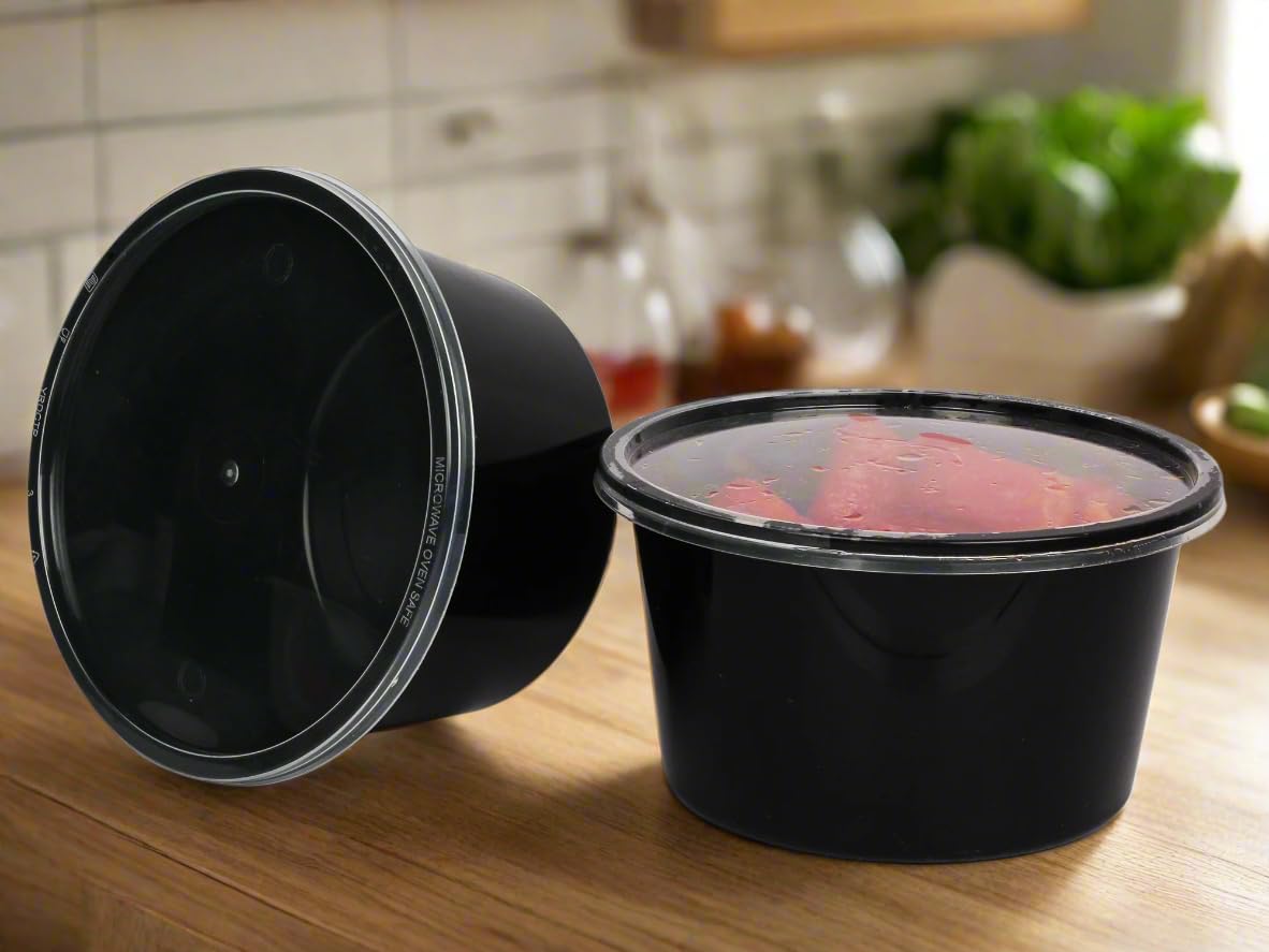 HOT BARGAINS 50 X 500ml Heavy Duty Round Food Containers with Lids – Black, BPA Free, Microwave & Freezer Safe, Leak-Proof Takeaway Storage (50, 500ml)