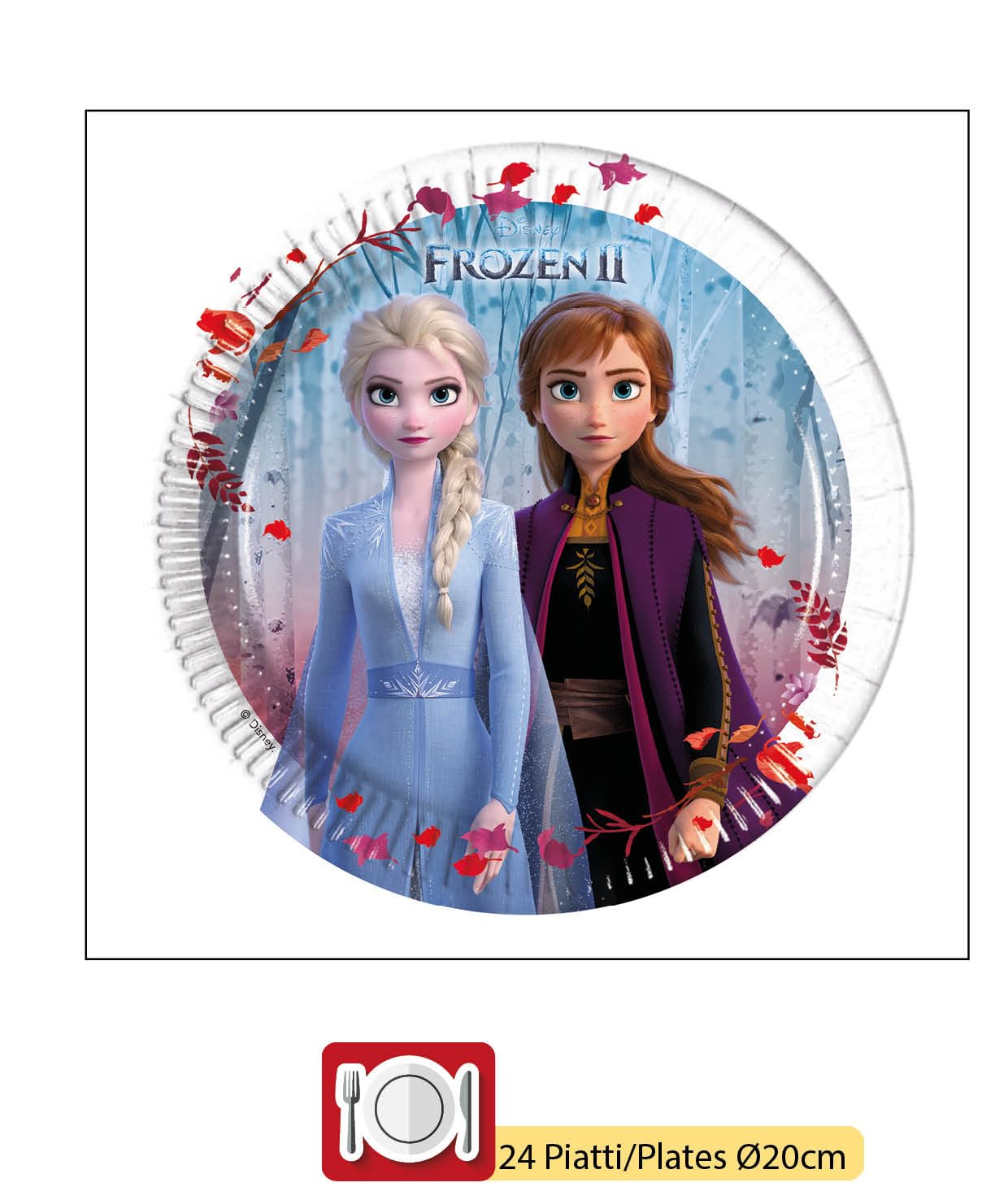 Kit Party Tavola Disney Frozen II per 24 persone (112 pezzi: 24 piatti Ø23cm, 24 piatti Ø20cm, 24 bicchieri 200ml, 40 tovaglioli 33x33cm)