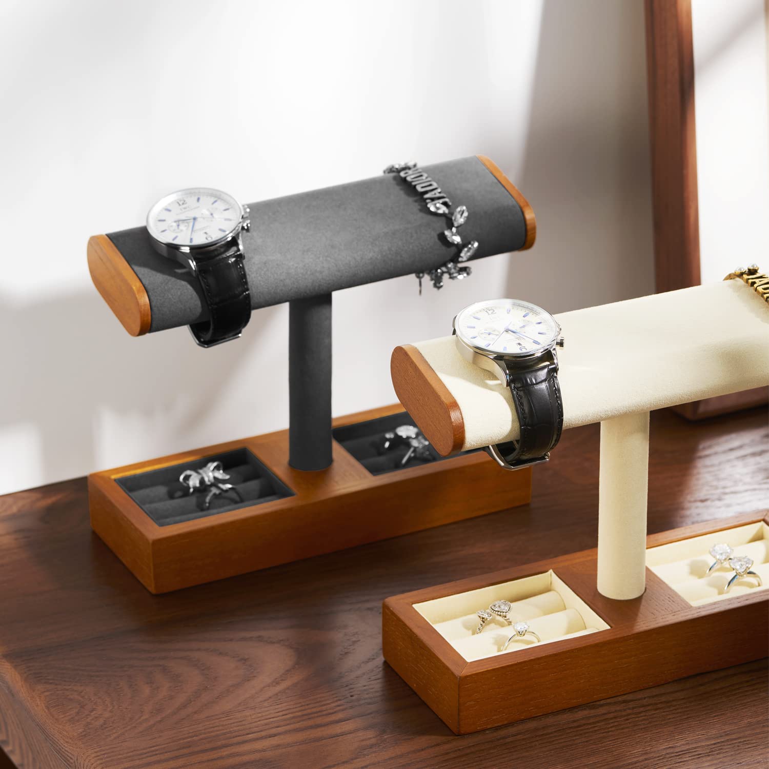 Oirlv Multifonctionnel Bois Massif Support Montre,Porte Montre,Watch Stand Pour Organisateur de Bijoux Bague(Gris Foncé)