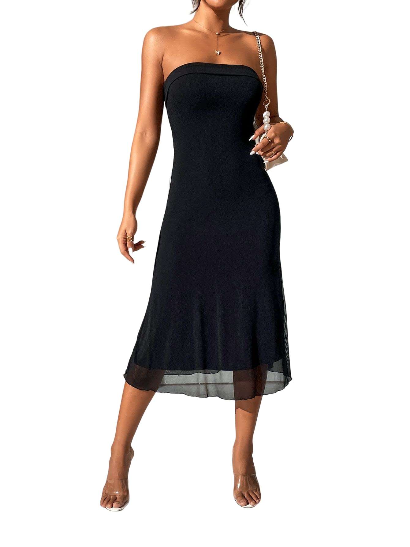 SOLY HUX Women's Strapless Midi Dress Tube Top Off Shoulder Sleeveless Long Cocktai Club Party Basic Dresses Black Large