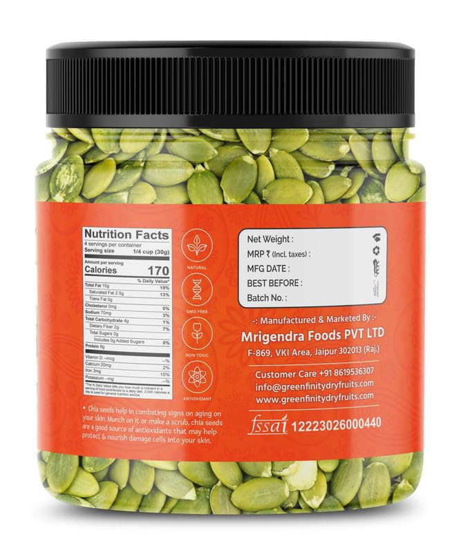 Image of GreenFinity Raw Pumpkin Seeds | Rich in Fiber, Protein and Antioxidants | Healthy Diet Snack Superfood Ideal for Immunity Booster, Cooking, Salads, Baking, Smoothies and Everyday Munching (250g)