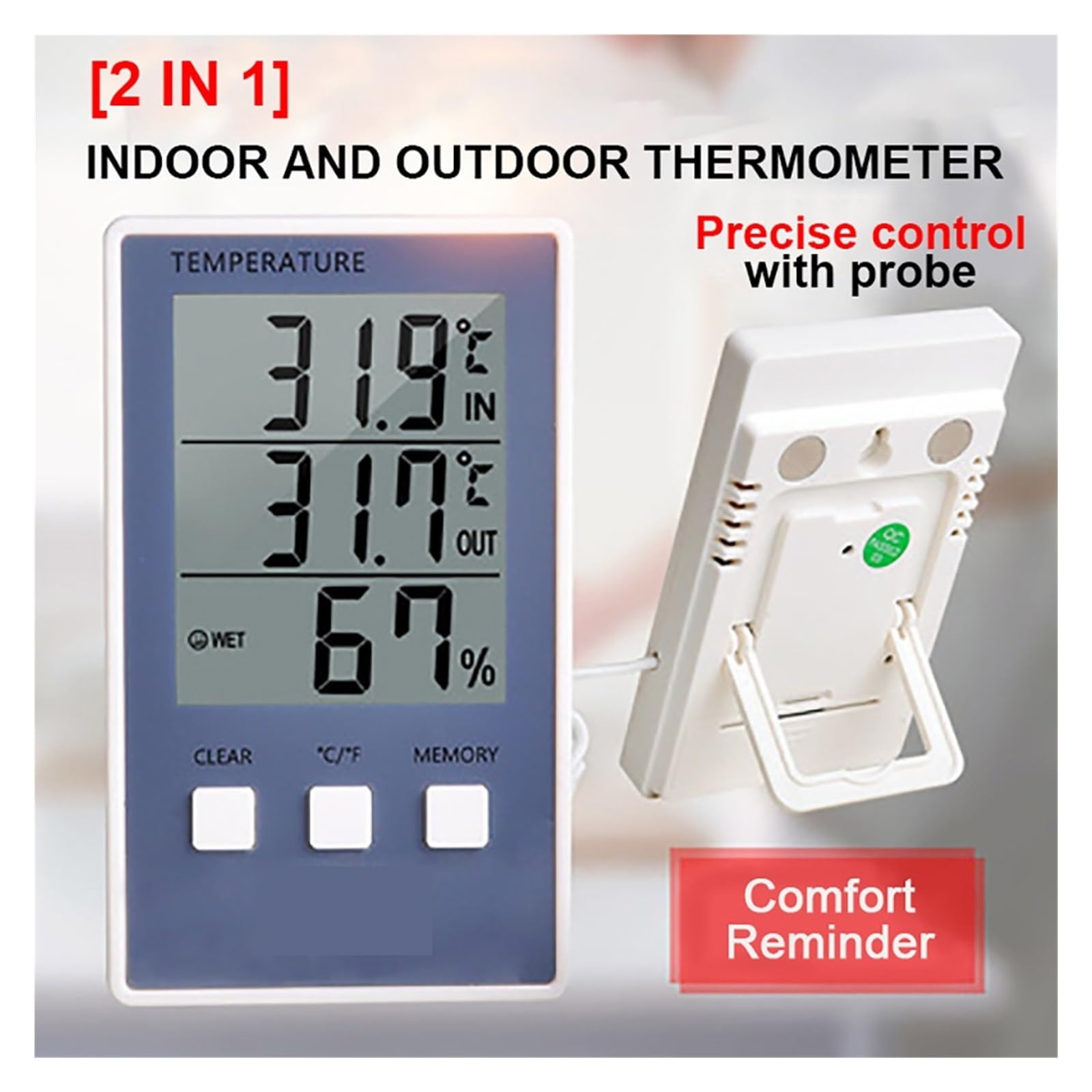 Termoigrometro Termometro Digitale Igrometro Misuratore di umidità della Temperatura Interna ed Esterna C/F Display LCD Sensore sonda Stazione meteorologica