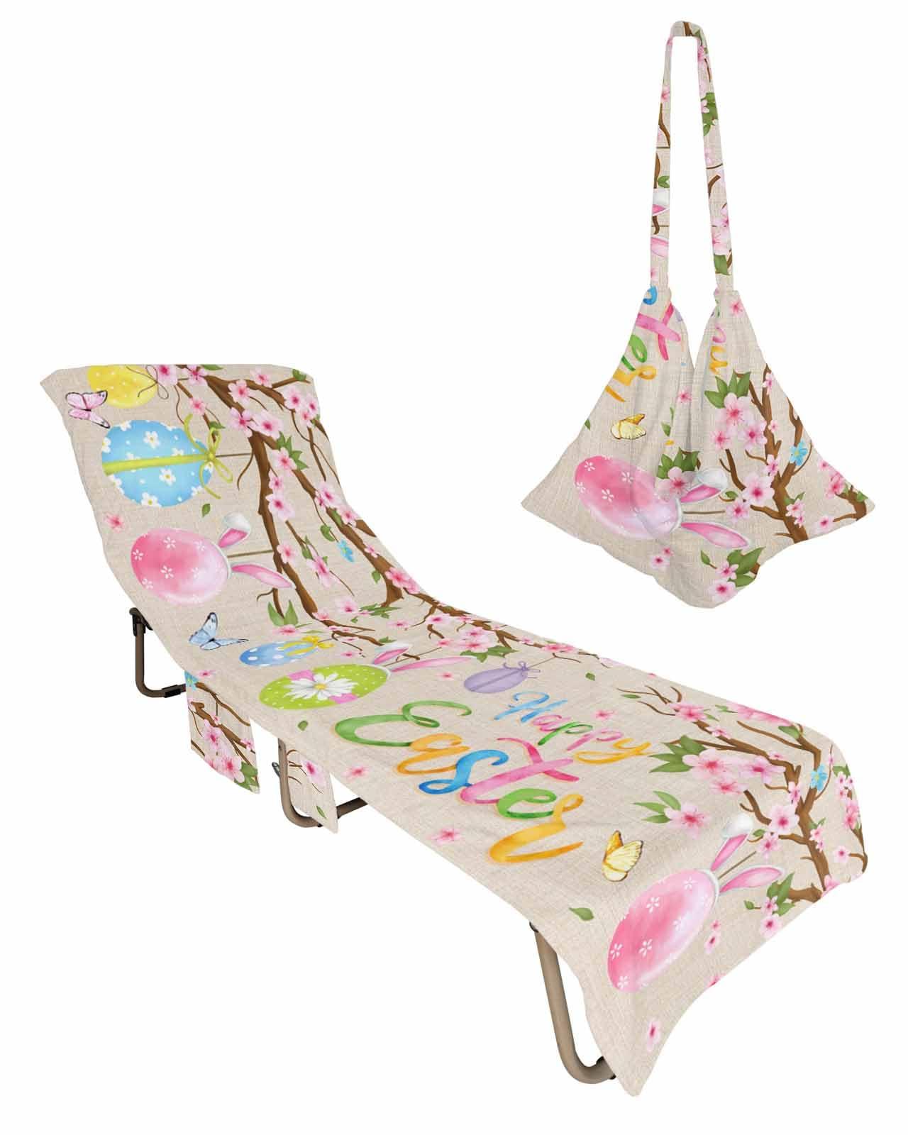 Easter Eggs Bunny Ear Beach Chair Towel Covers for Chaise Lounge with Side Pocket, Soft Plush Pool Towels Cover for Patio Sunbathing Outdoor 29''x85'' Vintage Spring Flower Watercolor