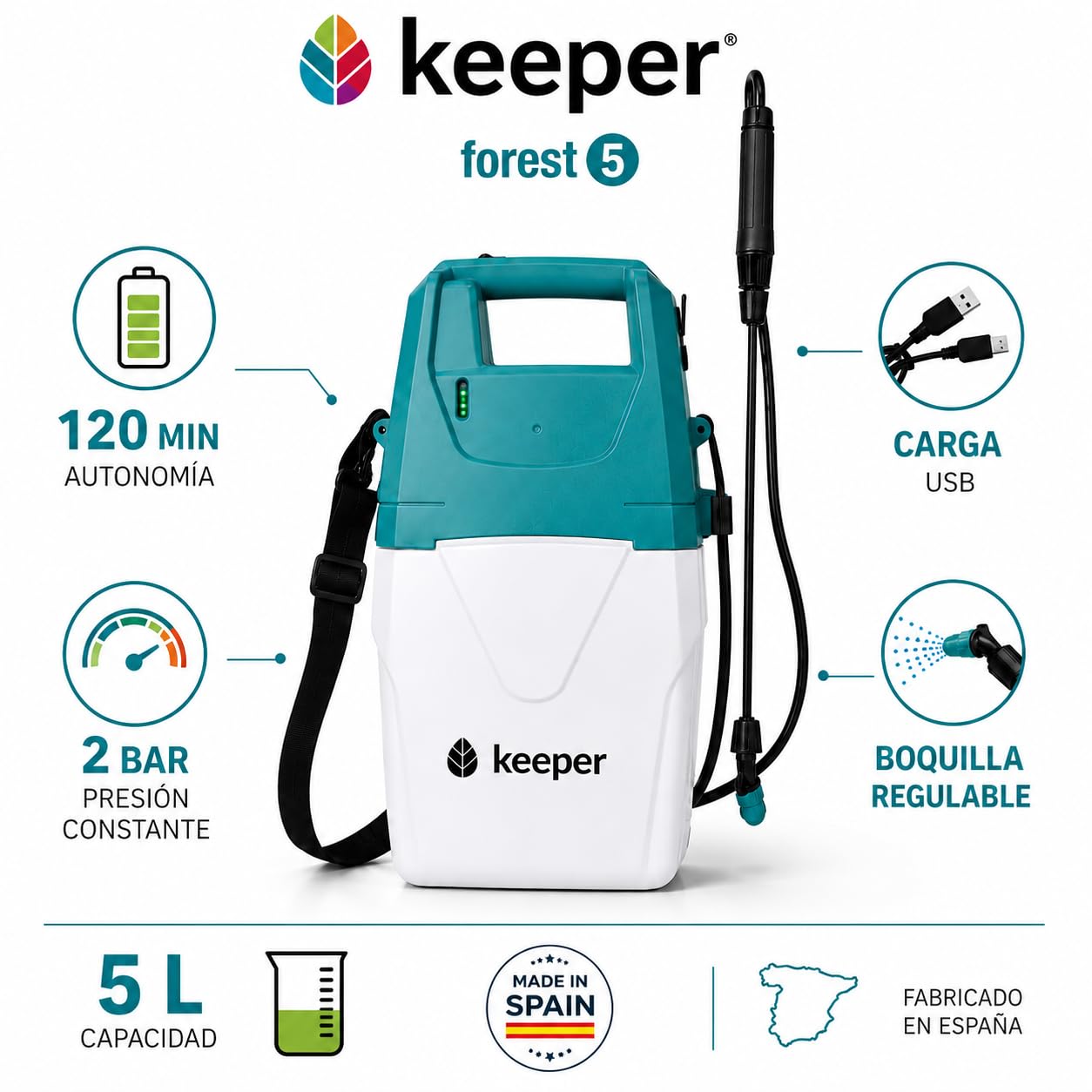 Keeper Opryskiwacz elektryczny do ogrodu Forest 5. Bateria litowa Ładowanie przez USB. Wskaźnik światła. Regulowana dysza. 120min Autonomia.5L