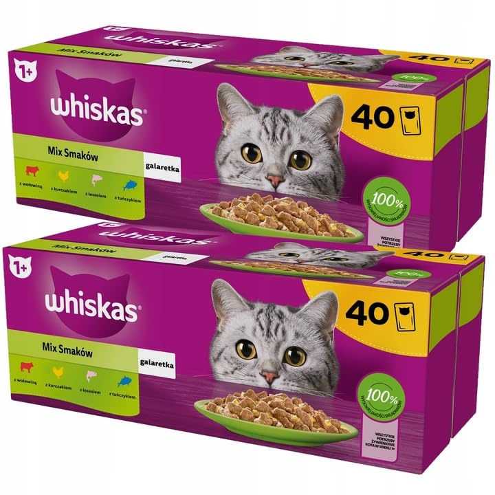 Whiskas Selección mixta en gelatina de comida húmeda para gatos, 80 bolsas de 85 g (2 unidades)