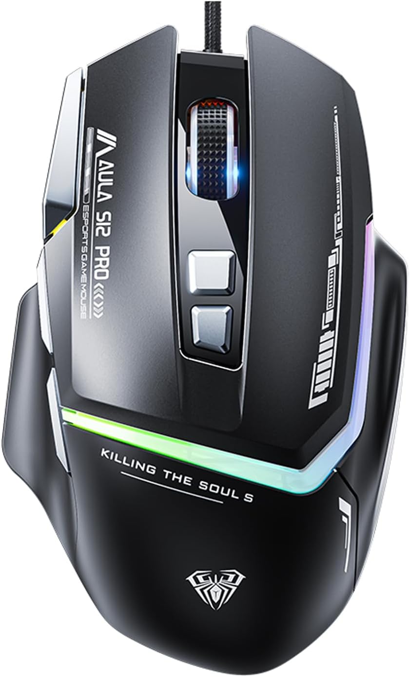 AULA S12Pro Wired Gaming Mouse with RGB Lighting, 8 Programmable Buttons,Polling Rate 125–1000Hz, Instant Sensor, 12800 DPI, 1.5 M Braided Cable, Macro Support, Fire Buttons, Ergonomic Design (Black)