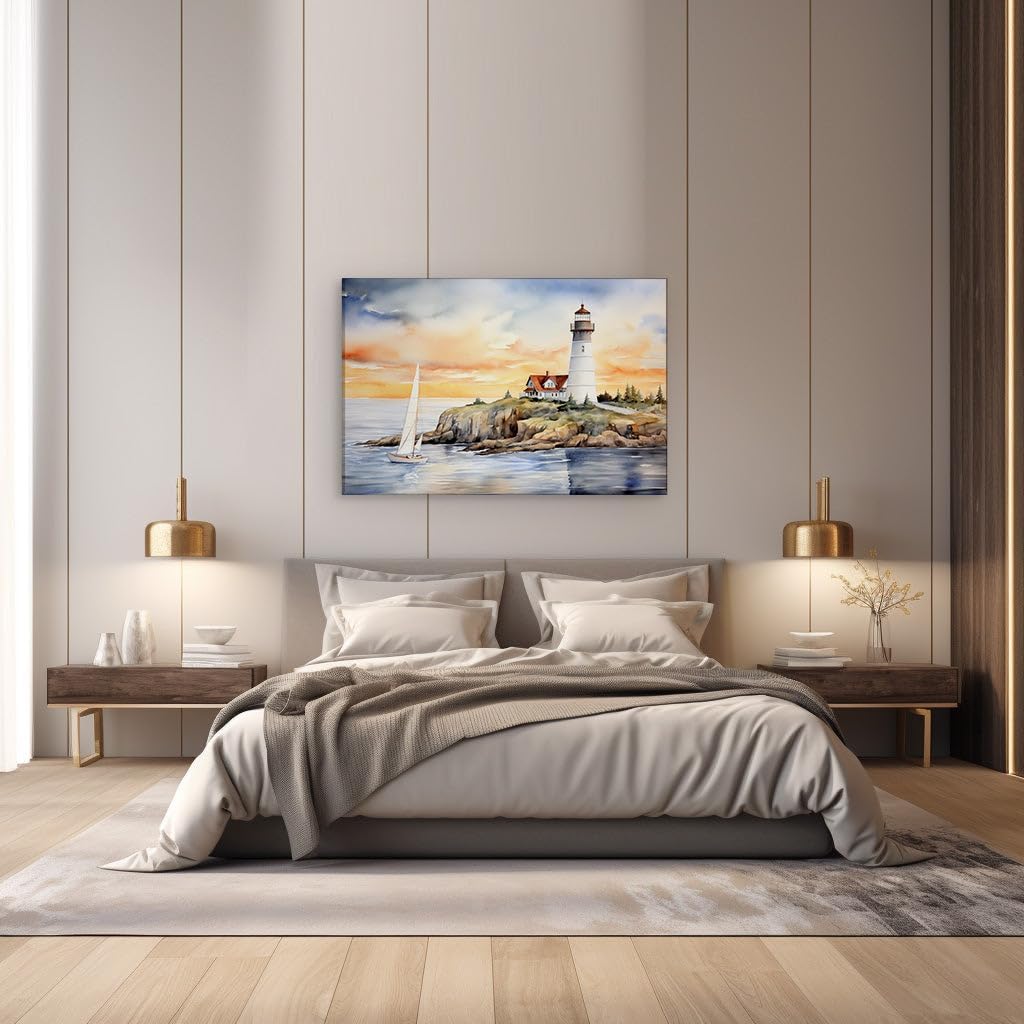 Canvas for Living room. Lighthouse at Sunset: A Watercolor Serenity with Nautical Whispers, 27 x 18 inch Canvas Wall Art - Contemporary Masterpieces - Modern Home Decor