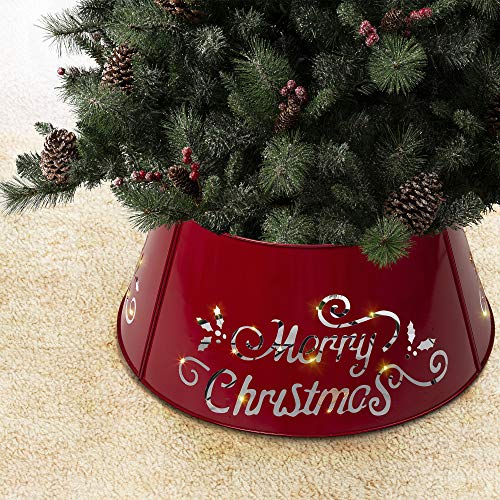 Glitzhome - JKC00105 Merry Christmas Diecut Galvanized Metal Tree Collar with Light String for Christmas Decor 26" D, Red Glitzhome - JKC00105 Merry Christmas Diecut Galvanized Metal Tree Collar with Light String for Christmas Decor 26" D, Red