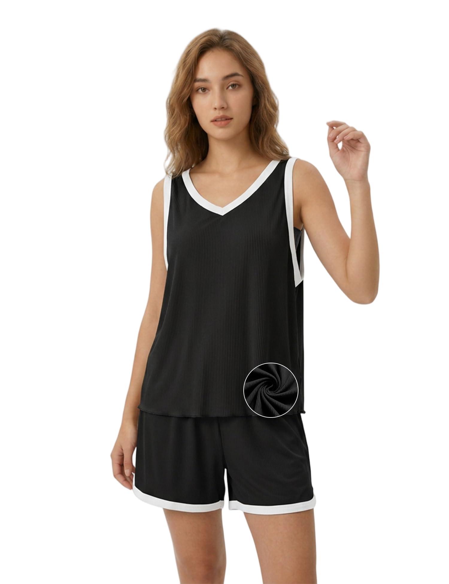 Women's Ribbed Color-Block Camisole Pajama Set - Loose Fit Sleeveless Top with Built-in Bra & Ruffle Trim, Cooling Summer Sleepwear for Home and Lounge-image-32