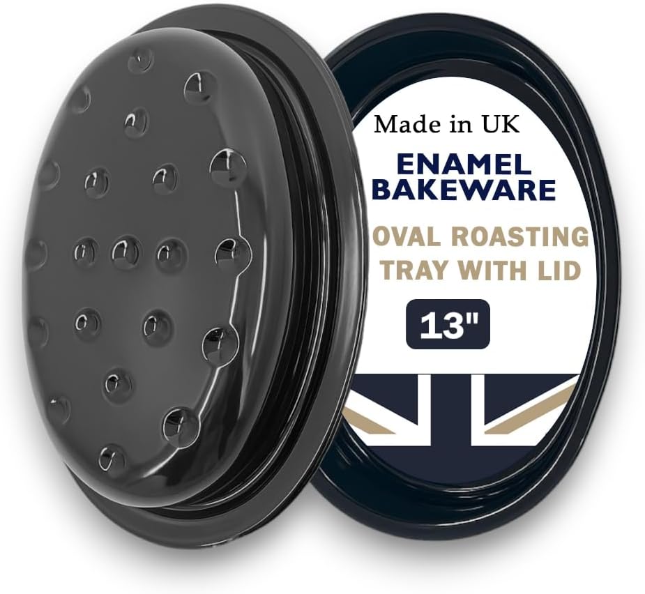 Great British Bakeware 33cm Vitreous Enamel Roasting Tin with Lid, Heavy Duty Vitreous Enamel Bakeware, Roasting Tray, Baking Tin, Made in England, Scratch Resistant, Oven Dish with Lid
