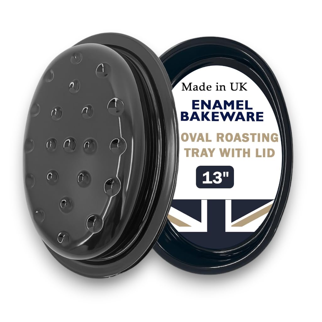 Great British Bakeware 33cm Vitreous Enamel Roasting Tin with Lid, Heavy Duty Vitreous Enamel Bakeware, Roasting Tray, Baking Tin, Made in England, Scratch Resistant, Oven Dish with Lid