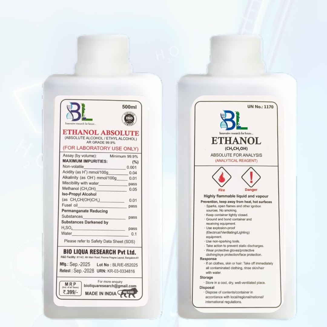 Absolute Denature Ethanol 99.9%,Analytical Grade, Laboratory Grade., generic, 500ml.