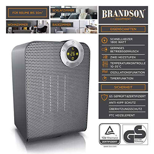 BRANDSON - Keramische ventilatorkachel, voor de badkamer, energiebesparend, stil, snelverwarming met oscillatiefunctie… - Image 4