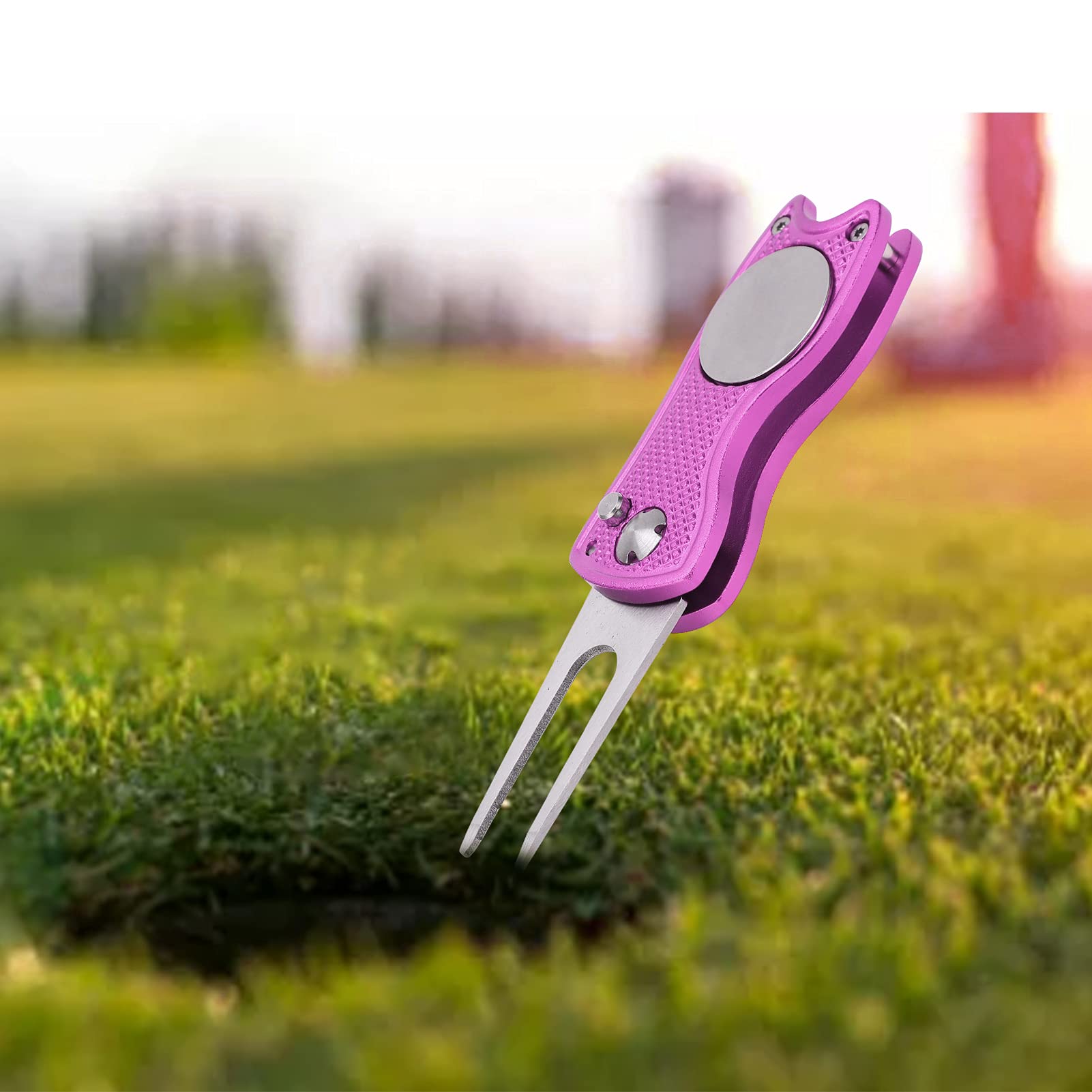 Forchetta da Golf Pieghevole in Acciaio Inossidabile, Strumento di Riparazione Divot Magnetico con Marcapalle, Rosa