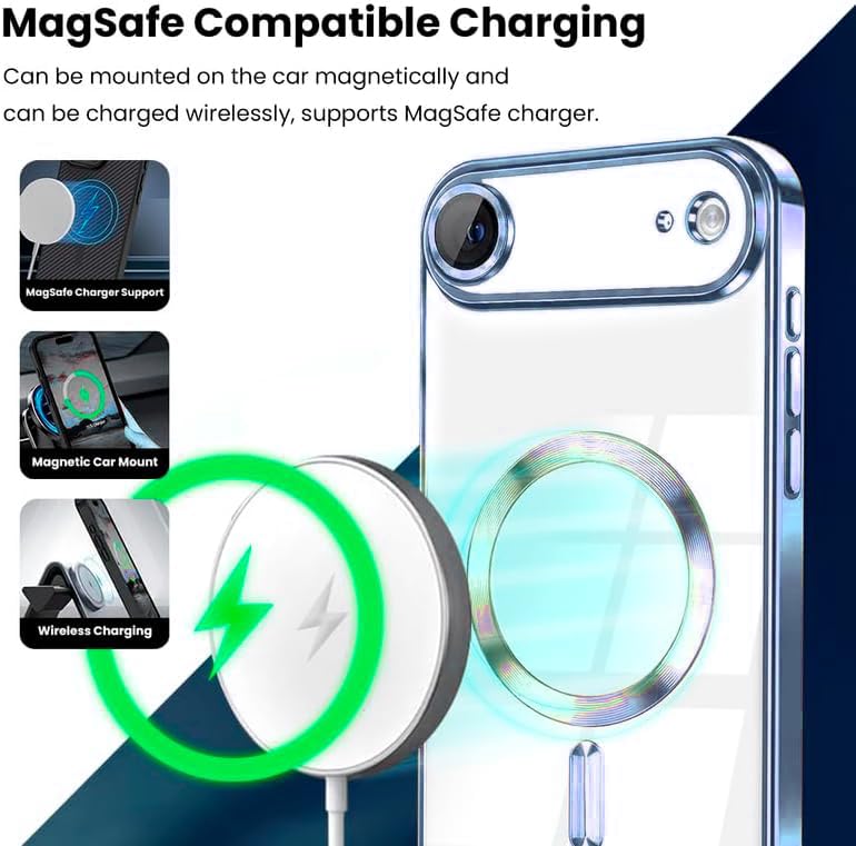 Image of VONZEE Electroplating Transparent Clear Logo Back Cover TPU Compatible with iPhone 17 Air, Compatible with Magsafe, Full Body & Individual Camera Protection for Each Lens for Men & Women|Sierra Blue