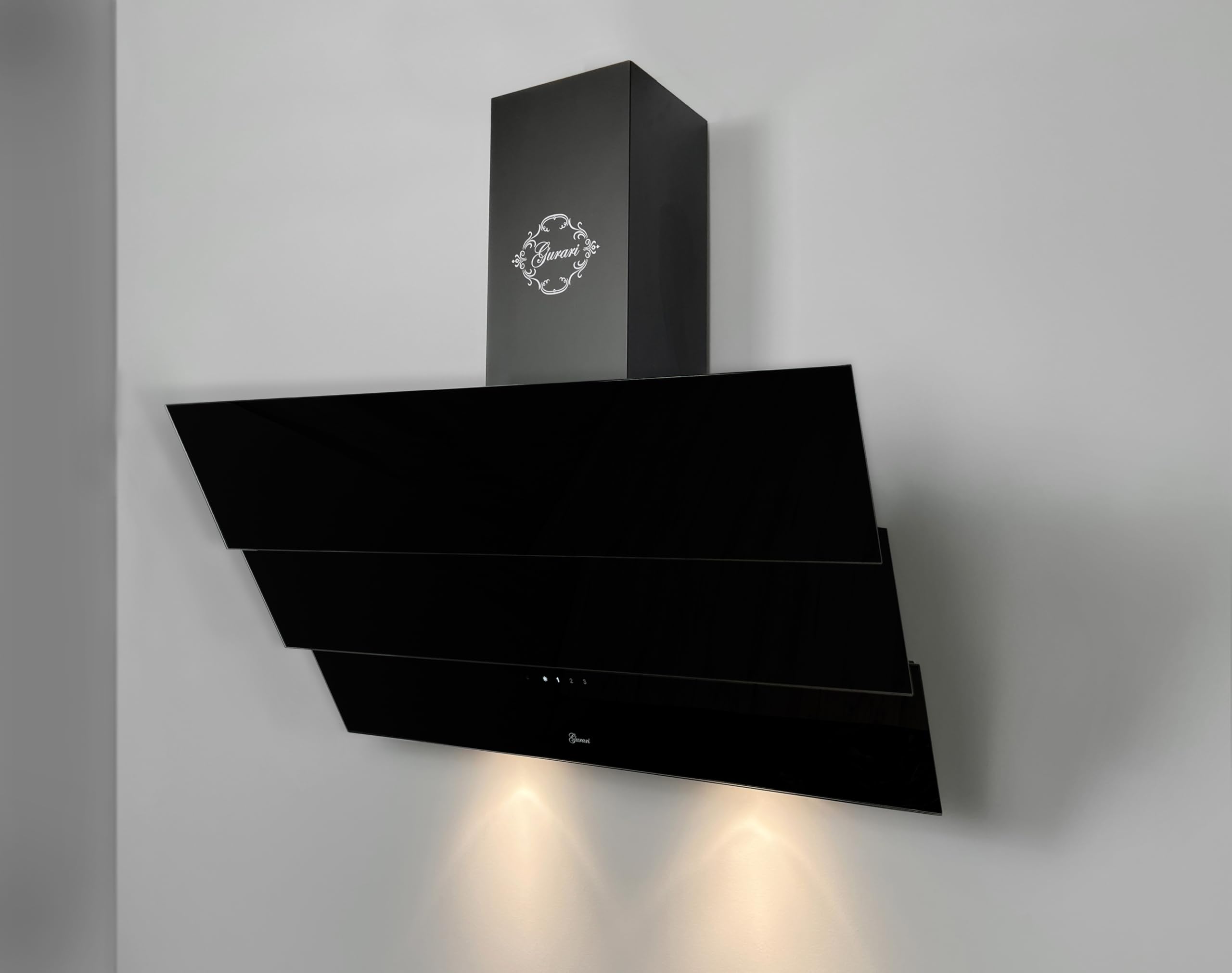 Gurari kopffrei Dunstabzugshaube 60 cm GCH D 267 BL.6 Prime Schwarz Glas | Wandhaube Umluft/Abluft | Abzugshaube 1000m³/h mit Fernbedienung (EEK A) | Randabsaugung, TouchControl, Timer