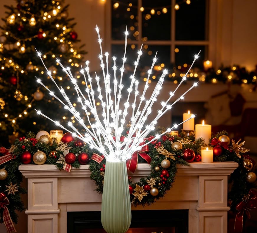Image of DK177 4 Pack LED Branch Light Battery Operated Lighted Branch Vase Filler Willow Tree Artificial Little Twig Power Brown 30 Inch 20 LED for Home Romantic Decoration, White