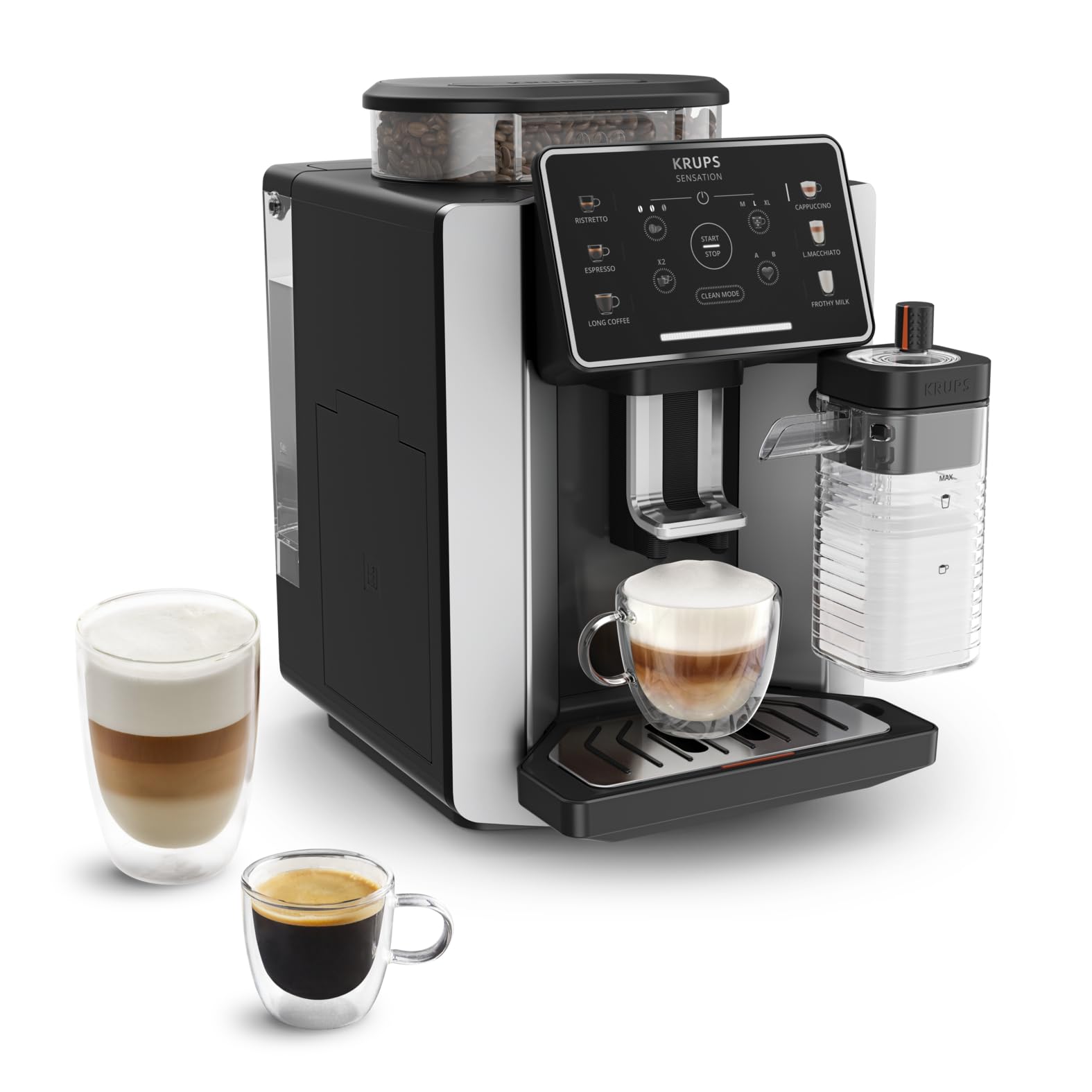 Krups Sensation Milk, Cafetera Automática, 6 Bebidas a Base de Café y Café con Leche, Tecnología Milk Maestro, Jarra de leche integrada, Fácil de Usar, Plateado, EA912E10