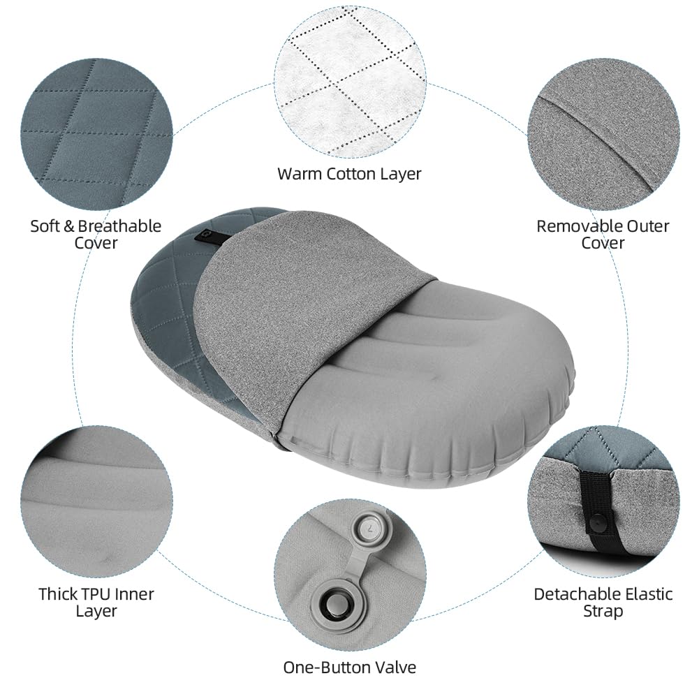 Beugo Almohada Inflable para Viaje/Acampar, Almohada Hinchable Playa portátil TPU, Almohadas de Viaje Comprimible con Funda extraíble y Bolsa, ergonómica, para Oficina, Picnic, Playa, Viajes, Gris