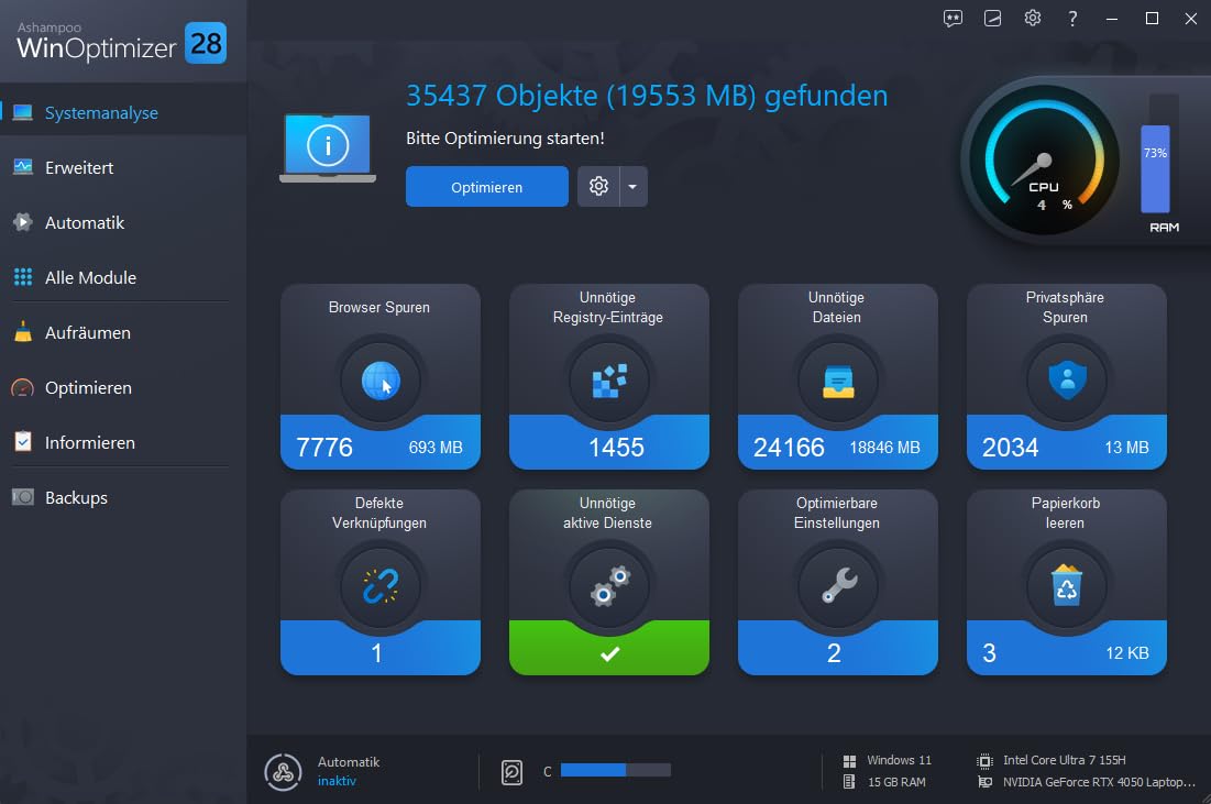 Ashampoo WinOptimizer 28 – PC Tuning Software für ein schnelles, schlankes und sicheres Windows | 1 Gerät | 1 Benutzer | PC Aktivierungscode per Product Key Card