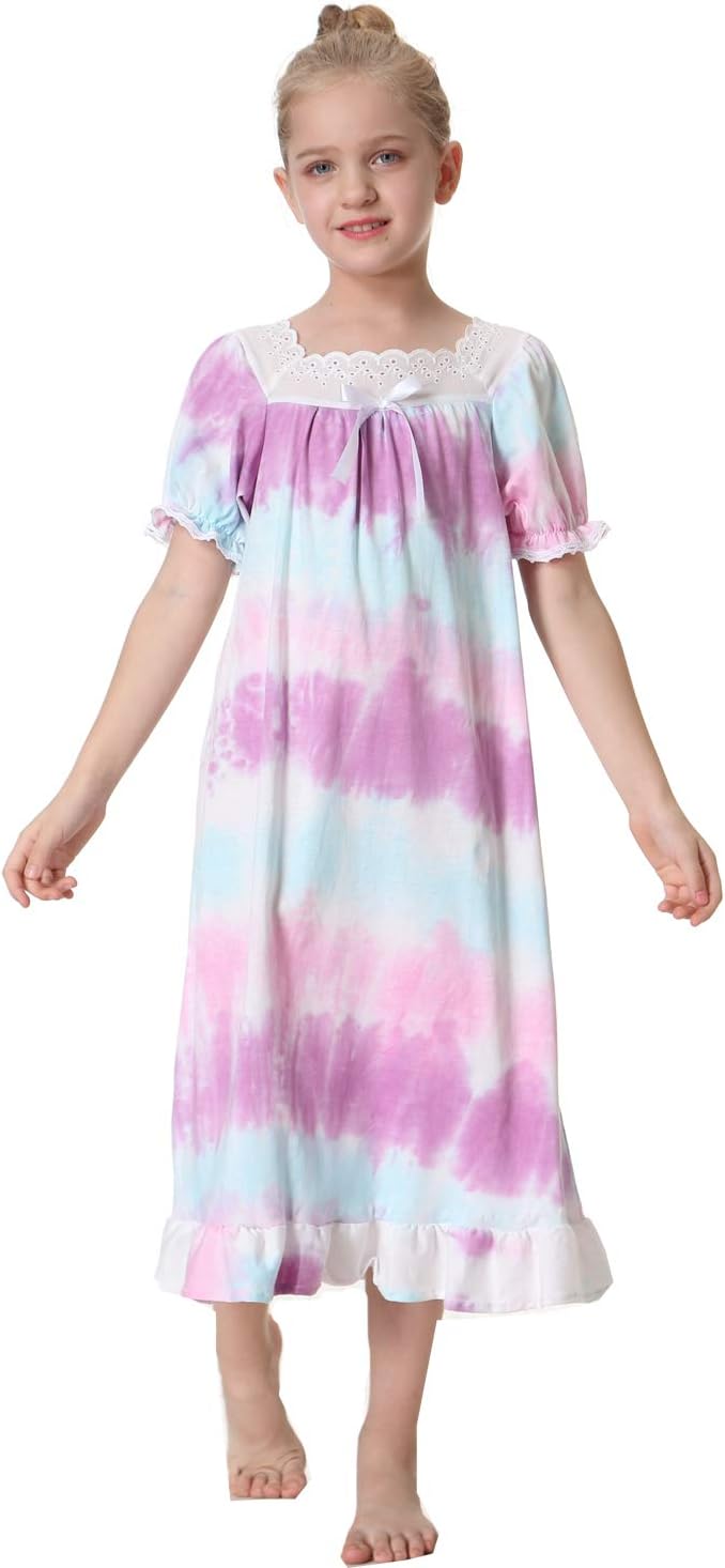 PUFSUNJJ Lovely Girls Princess Nightgown Soft Cotton Sleepwear Kids 3-12 Years