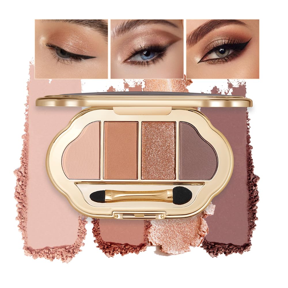 4-Color Eyeshadow Palette, Matte & Shimmer Neutrals, Highly Pigmented & Blendable, Everyday Natural Makeup, Travel-Friendly Compact, Warm Caramel Brown
