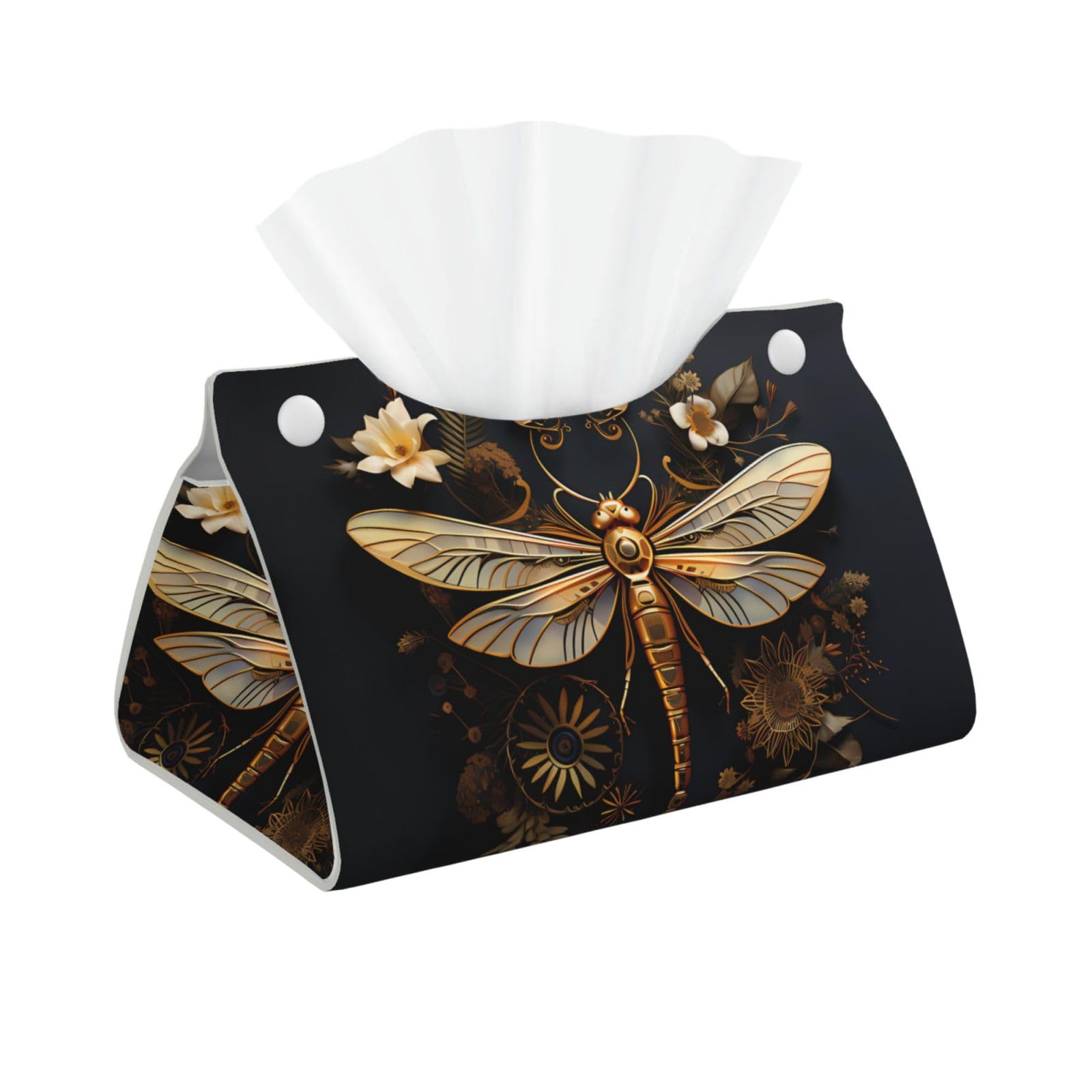 Gold Exquisite Dragonfly Rectangular Leather Tissue Box Cover, Folding Facial Tissue Holder Dispenser for Car