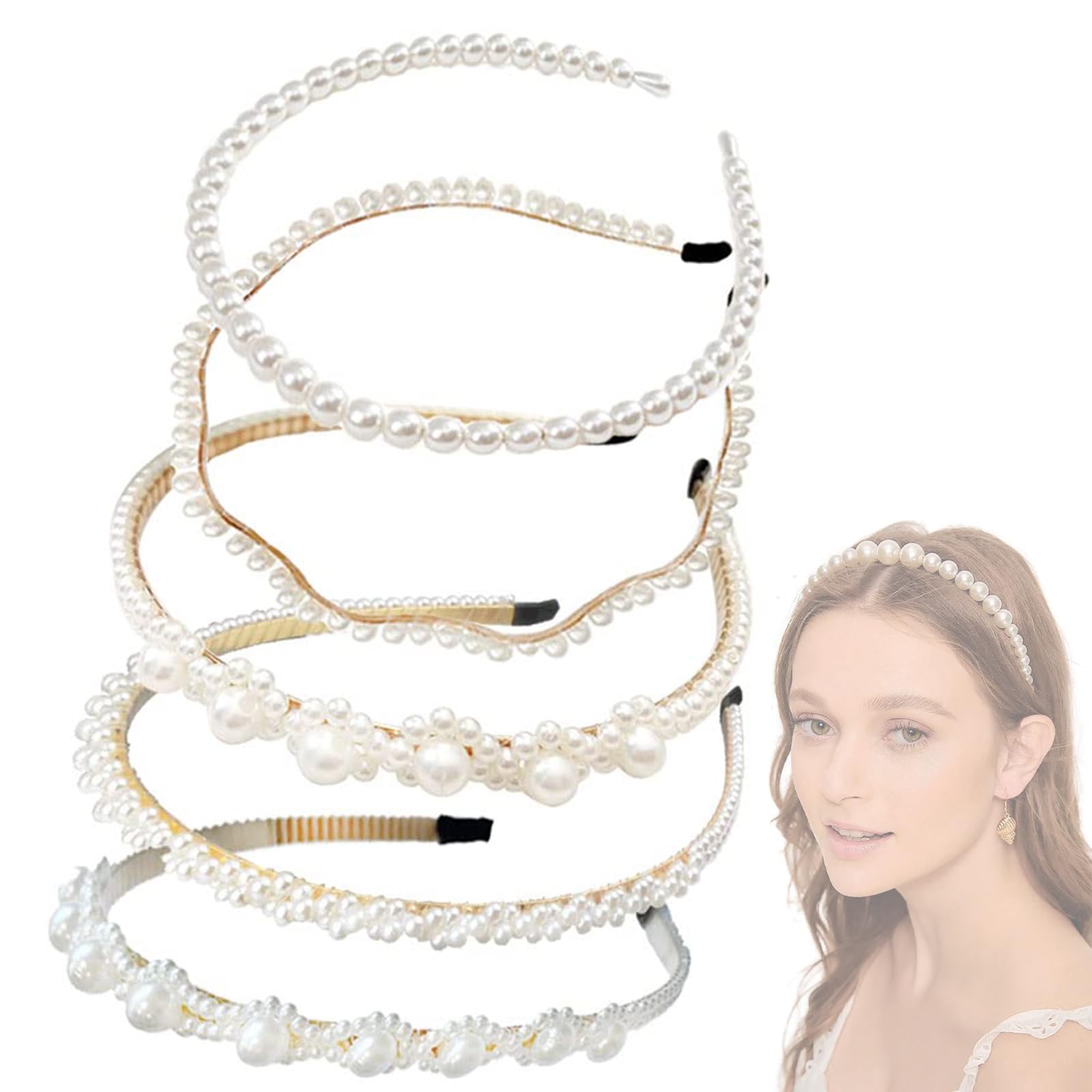 5 Stück Perlen Haarreifen Weiß Mit Haarnadeln - Für Damen & Mädchen