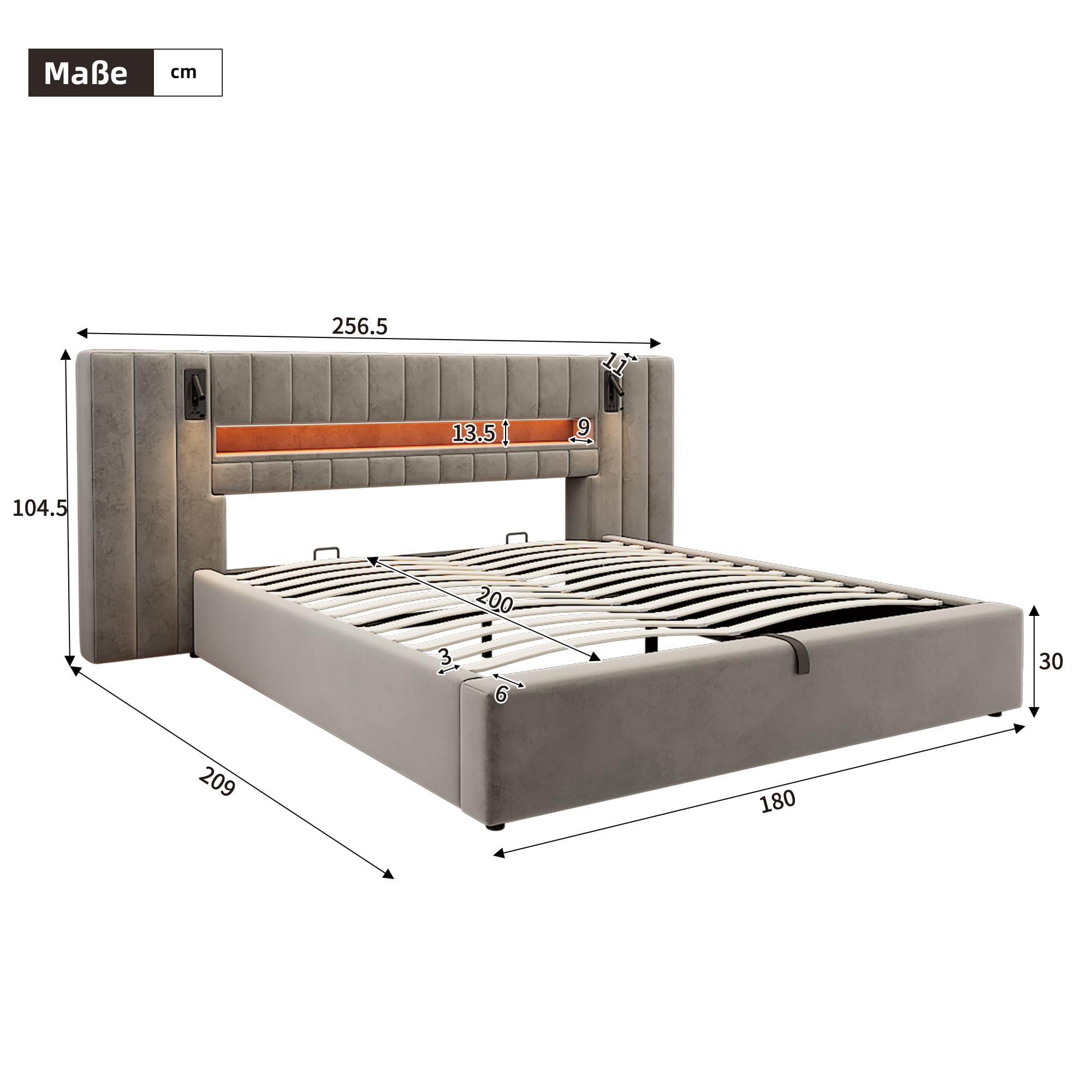 Kayan Polsterbett 180x200cm, Boxspringbett mit hydraulisches Bettkasten, Doppelbett mit LED-Kopfteil und Lattenrost, Leselicht mit USB Aufladen, Stauraumbett Jugendbett Bettgestell, Samt