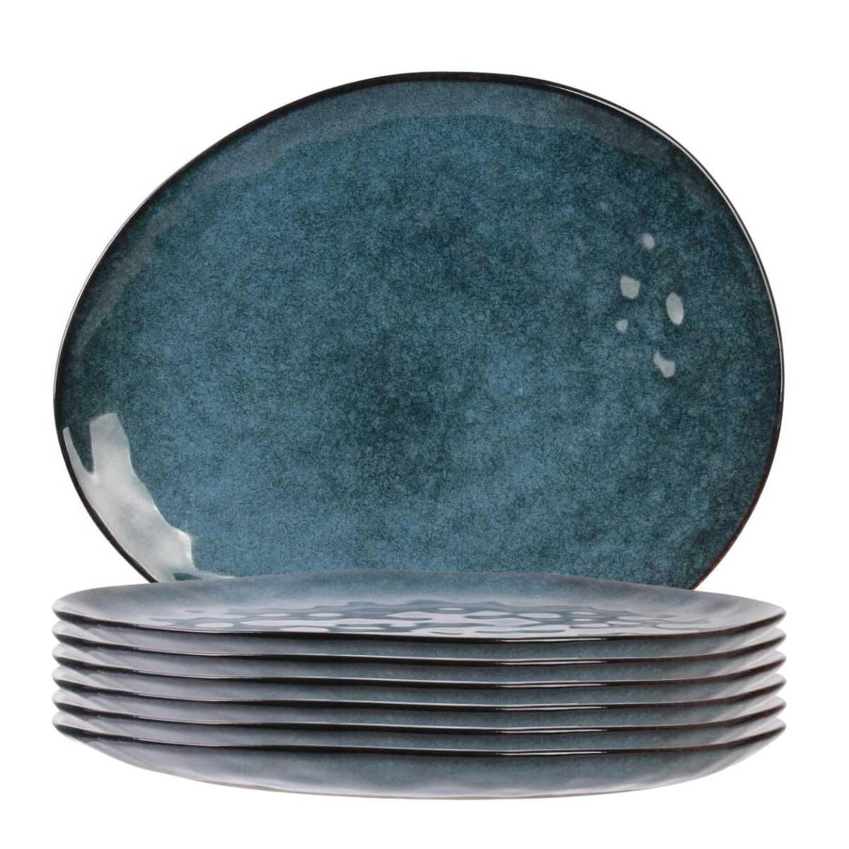 AltoBuy Set de 6 Assiettes Plates Galet en céramique au grés du Temps Bleu (27.5x23cm) - Galet