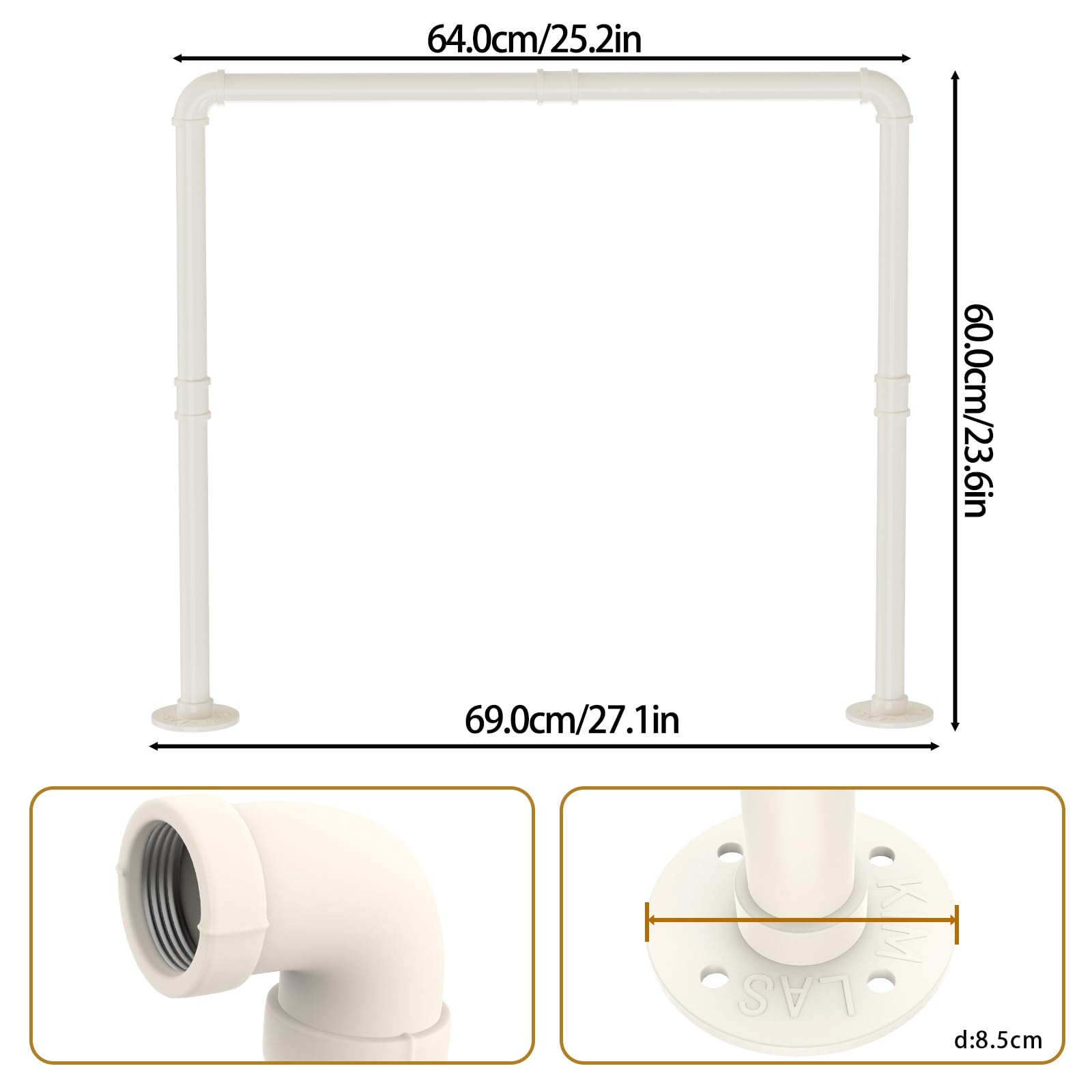 Set di 1 Appendiabiti da Soffitto Industriale, Attaccapanni da Muro 120 cm, Due Opzioni di Montaggio, Stendino da Parete, 69x60cm, Facile da Montare, Bianco