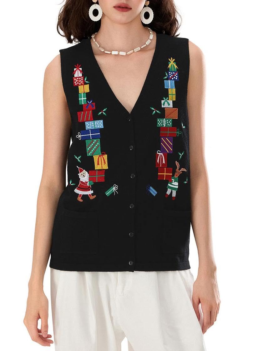 Christmas Button Sweater Vest for Women V Neck Embroidered Knit Vest Xmas Button Front Sweater Tank Vests