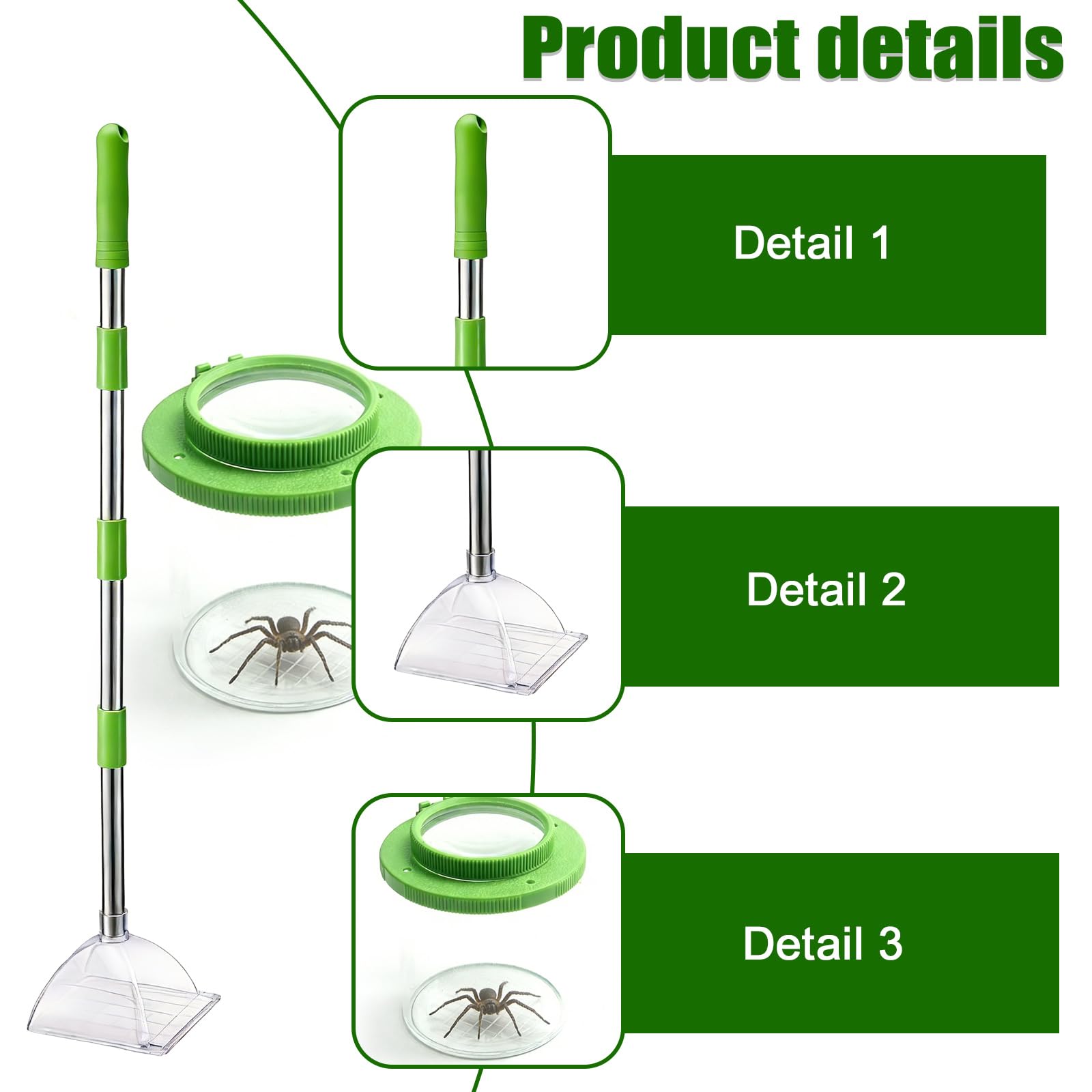 Attrape-araignées avec longue poignée : attrape-insectes extra long avec appareil d'observation d'insectes, attrape-insectes sans contact, fonction d'observation Attrape-araignées à la main