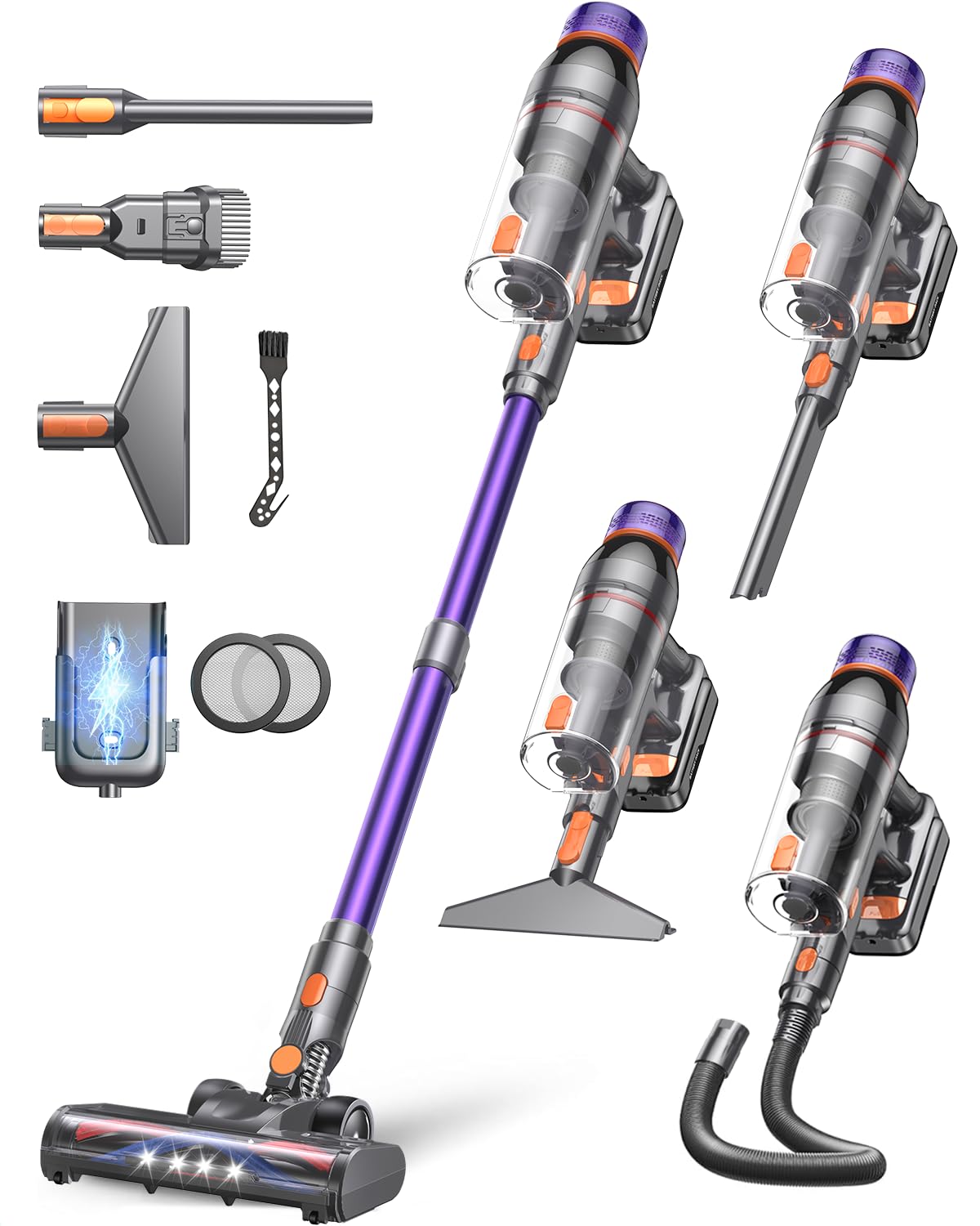 550W 45KPa Cordless Vacuum Cleaner, 60Min Runtime Vacuum Cleaner with Auto Mode, Self-Standing Stick Vacuum with Wall Mount for Carpet, Hard Floor & Pet Hair โ 0.75L Dust Cup (Purple)