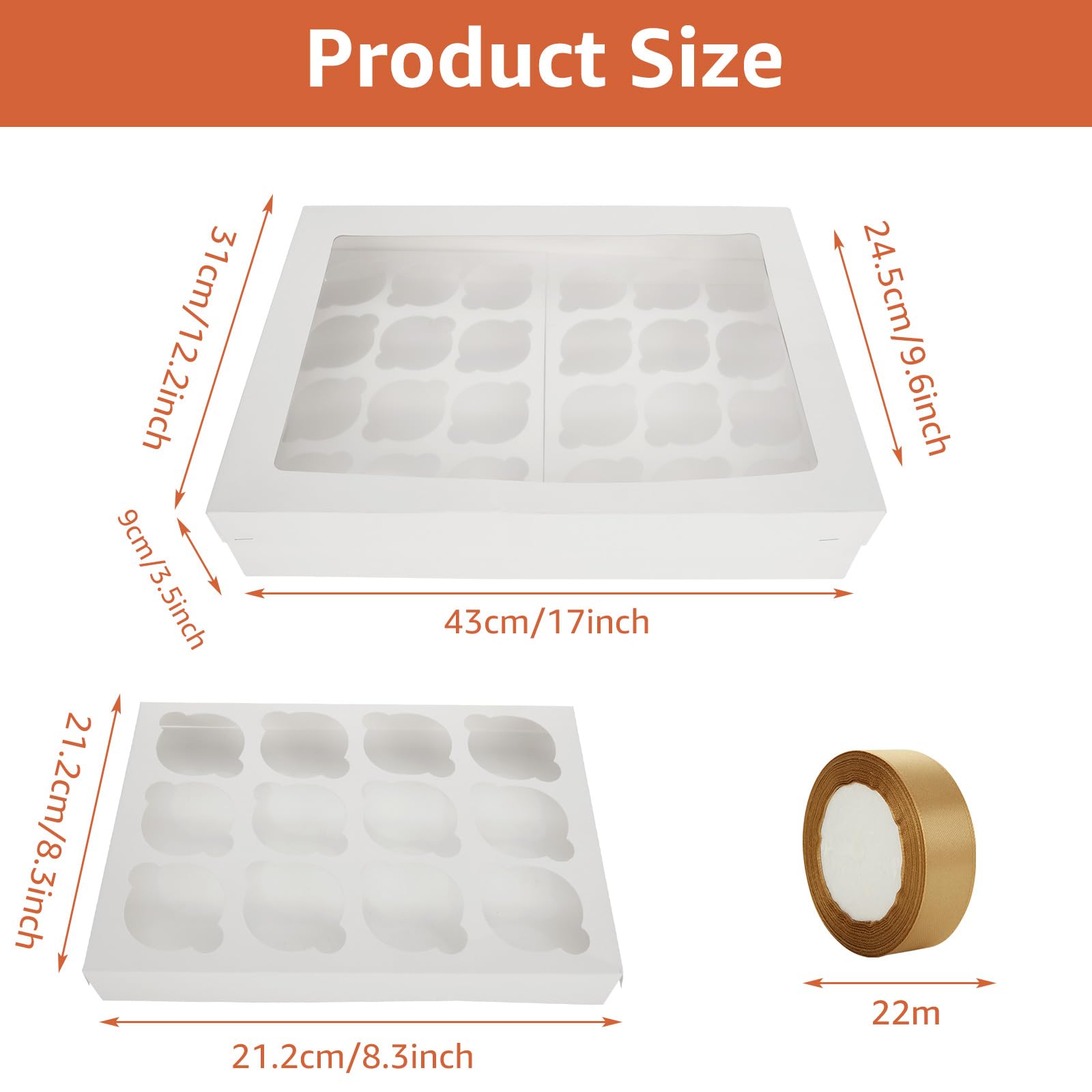 10 cajas para cupcakes con 24 agujeros, cajas para cupcakes con ventana, insertos y cintas, caja blanca de 24 cupcakes para cupcakes y magdalenas, 43 x 31 x 9 cm
