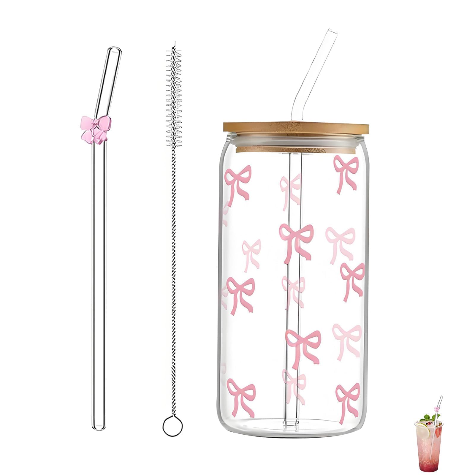 Syylqyr 4 PCS Iced Coffee Cups Glass Set, 500ml Tumbler with Straw and Lid Cute Matcha Glasses Elegant Bubble Tea Cup for Women Girls Friends for Coffee Milk Smoothie