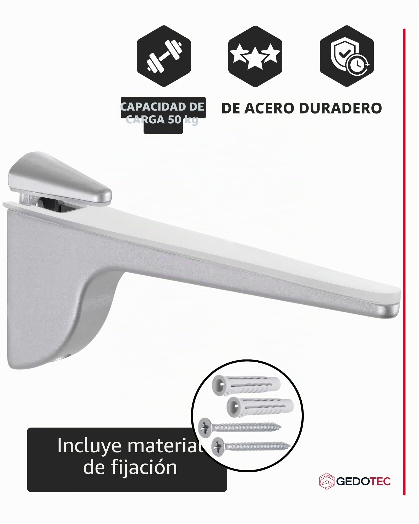 Gedotec Design Soporte de estante de vidrio - Plata mate | 2 piezas - soporte de estante de carga pesada | PINOCCHIO | estante de pared de metal | soporte de estante hasta 50 kg | soporte de estante