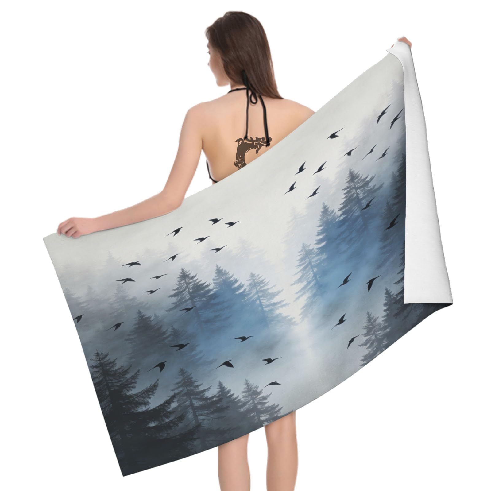 Leichong 3D Forest Silhouette Beach Towel Microfiber Soft Quick Dry for Adults, Nature Landscape Bath Towel Lightweight Soft Absorbent for Travel Swimming Pool Sports, 75 x 150 cm