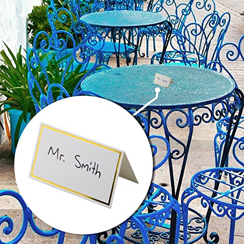 Pacote com 100 cartões de lugar para mesa pequenos cartões de barraca de papel com borda dourada par