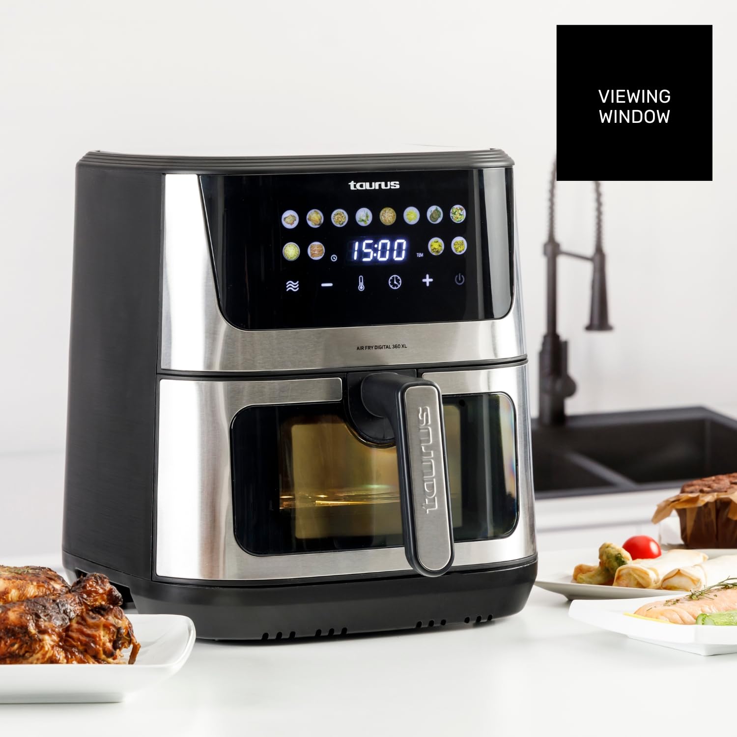 Taurus – Freidora aire Air Fry Digital 360 XL | 2100W | 8L | 12 programas | Pantalla táctil | Doble resistencia | Interior metálico | Precalentado | Libre de BPA y PFOA | Recetario online